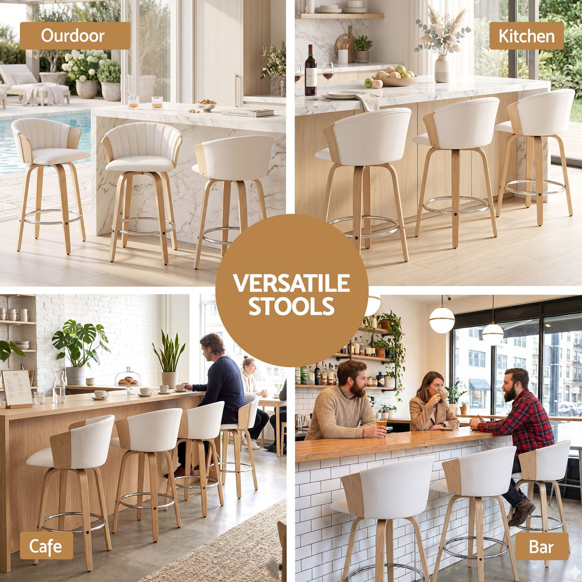 Set of 3 Wooden Swivel Kitchen Counter Bar Stools 66cm - White