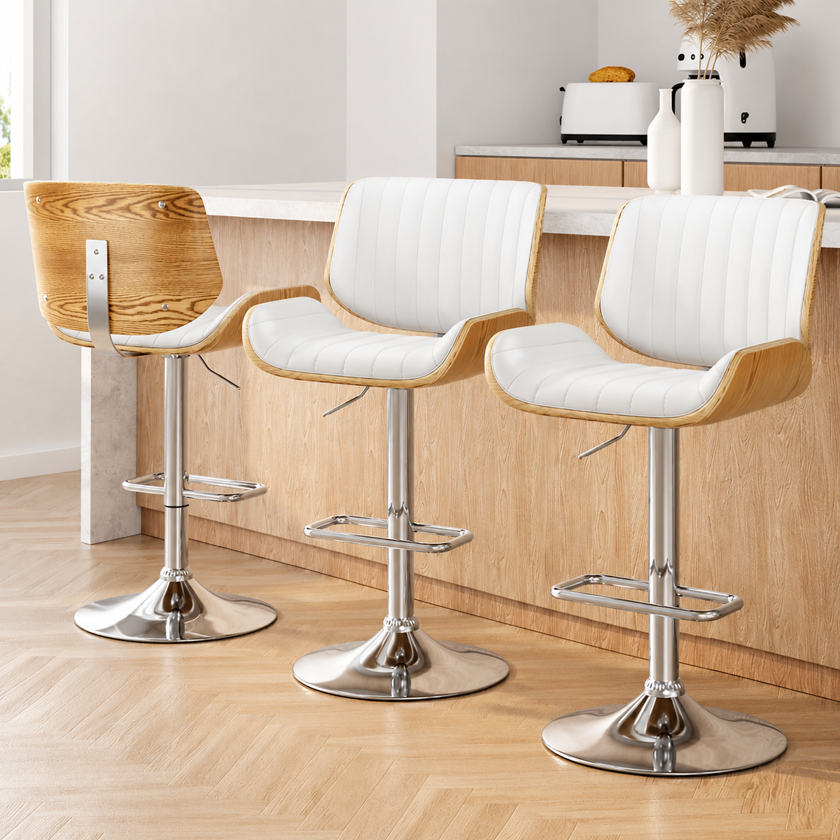 Set of 3 Adjustable Swivel Bar Stools with PU Leather Seat - White