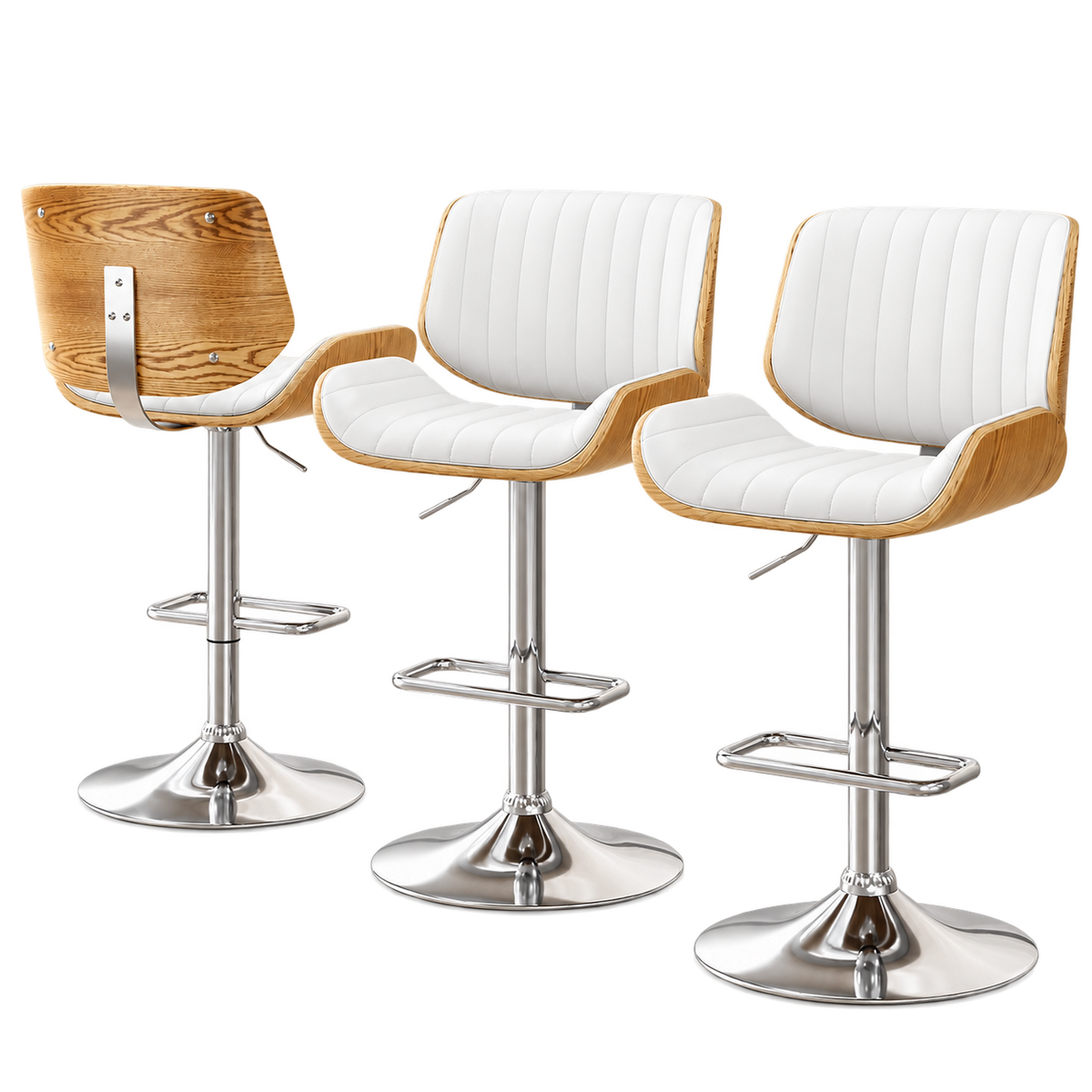 Set of 3 Adjustable Swivel Bar Stools with PU Leather Seat - White