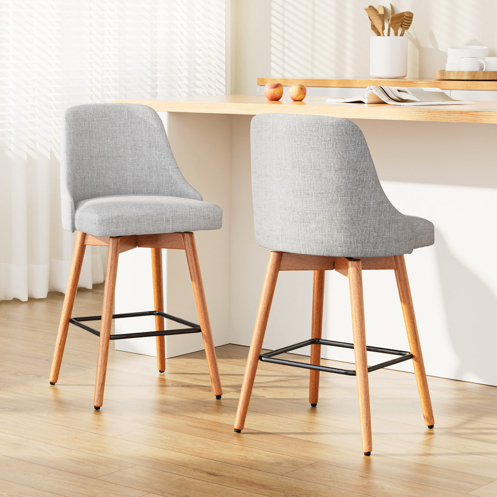 Set of Wooden Fabric Bar Stools Square Footrest Light Grey