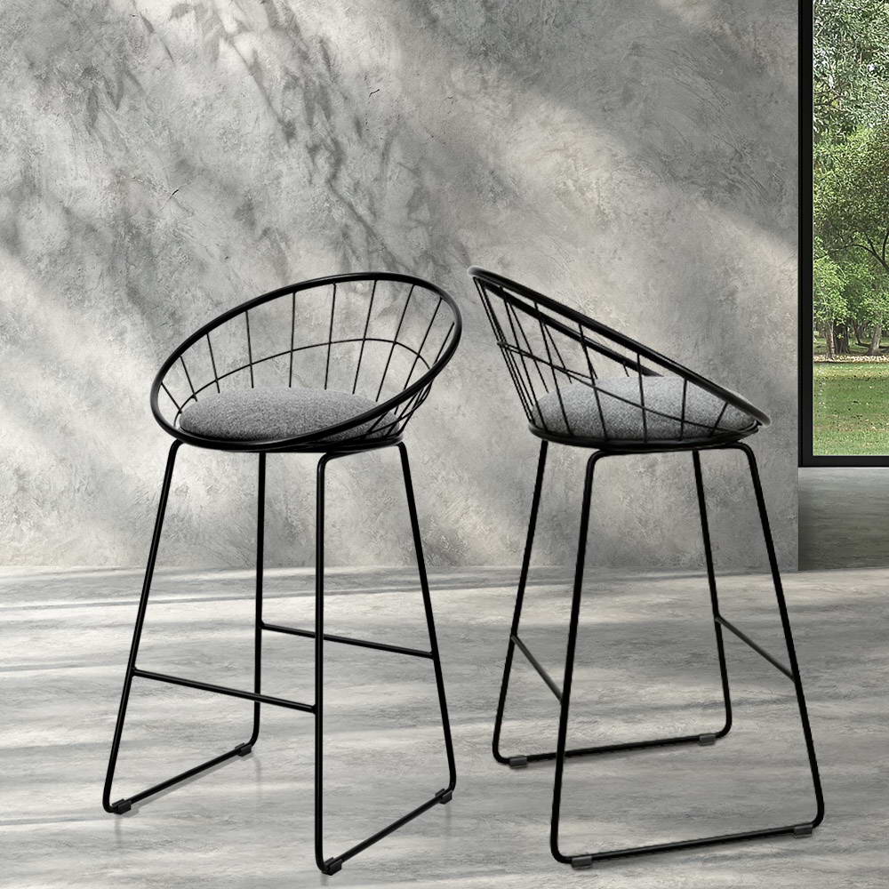 Set of 2 Bar Stools Steel Fabric - Grey and Black