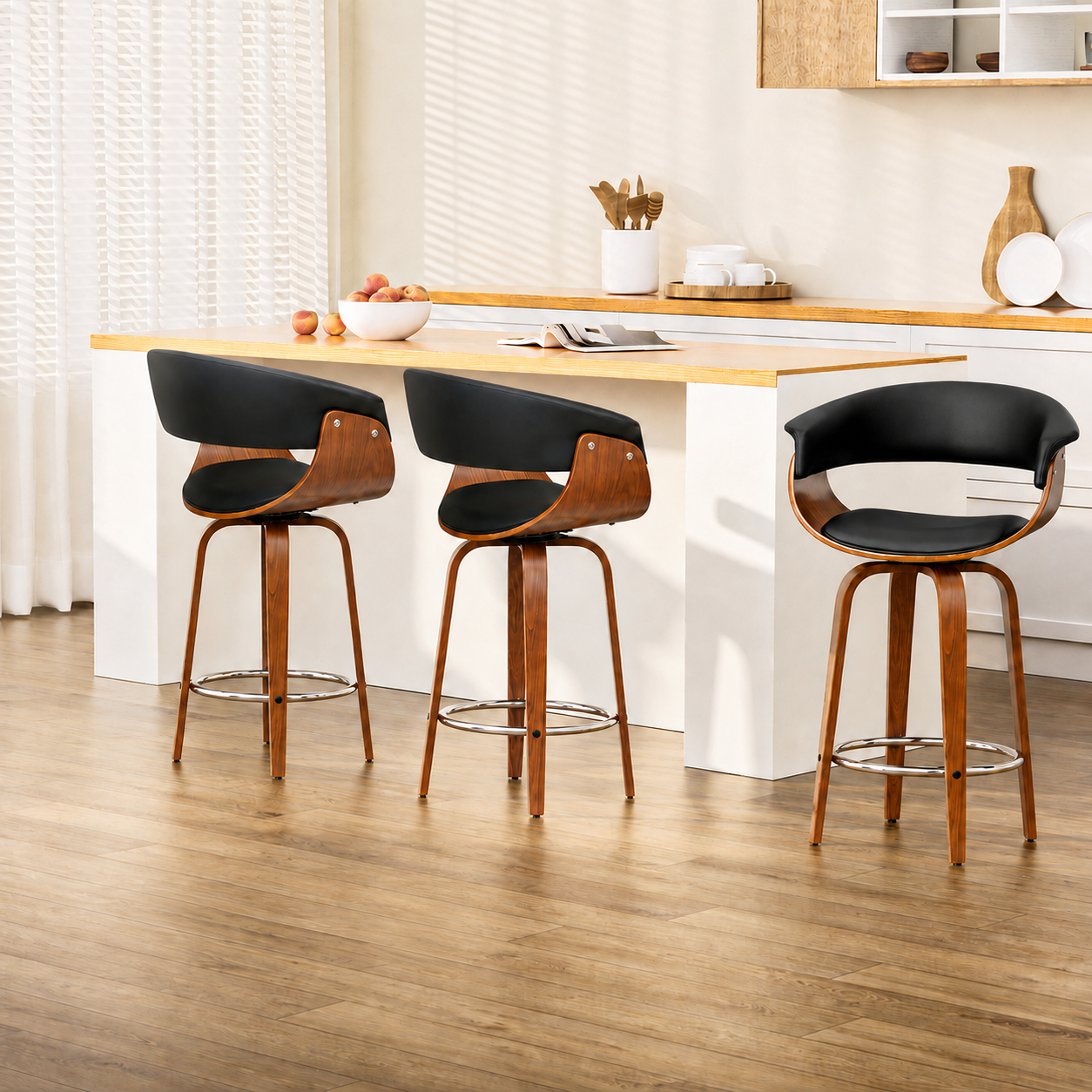 Set of 3 Wooden Kitchen Bar Stools 65cm - Black