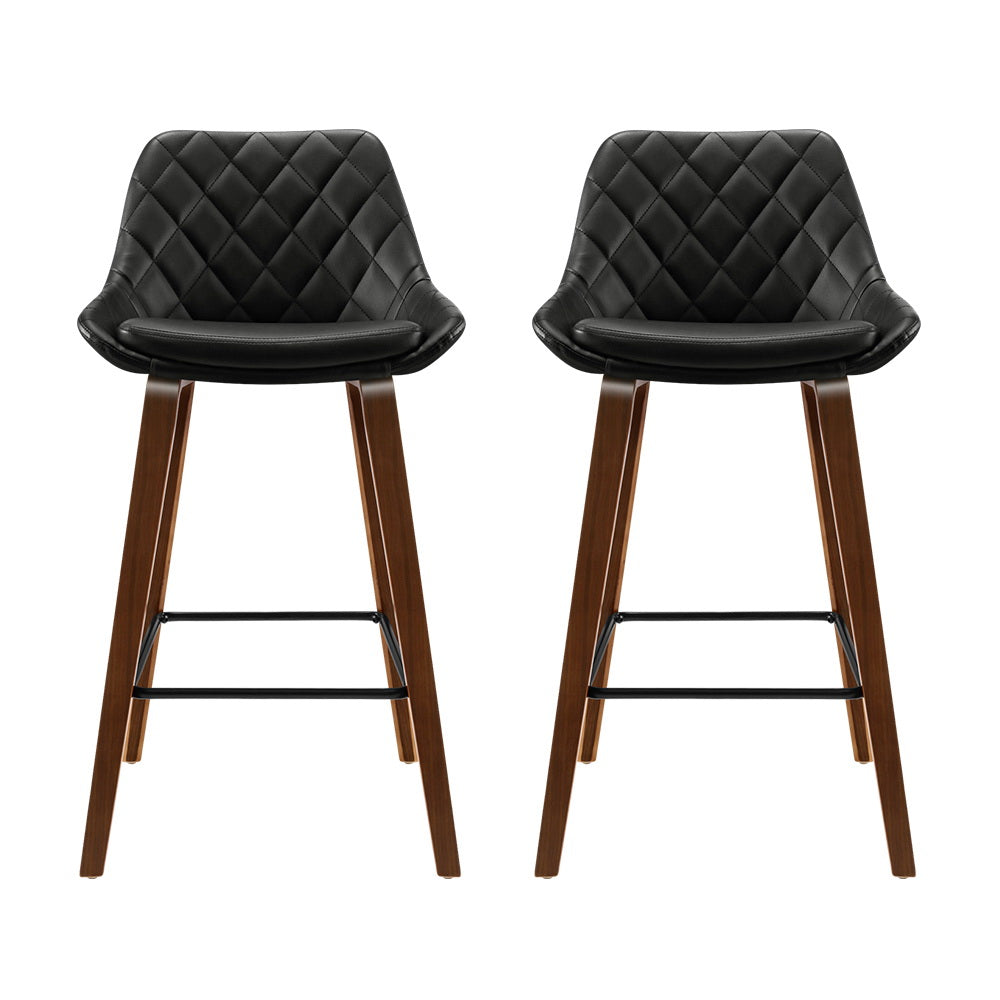 Set of 2 Sebastian Bar Stools Bentwood PU Leather Diamond Pleat - Black