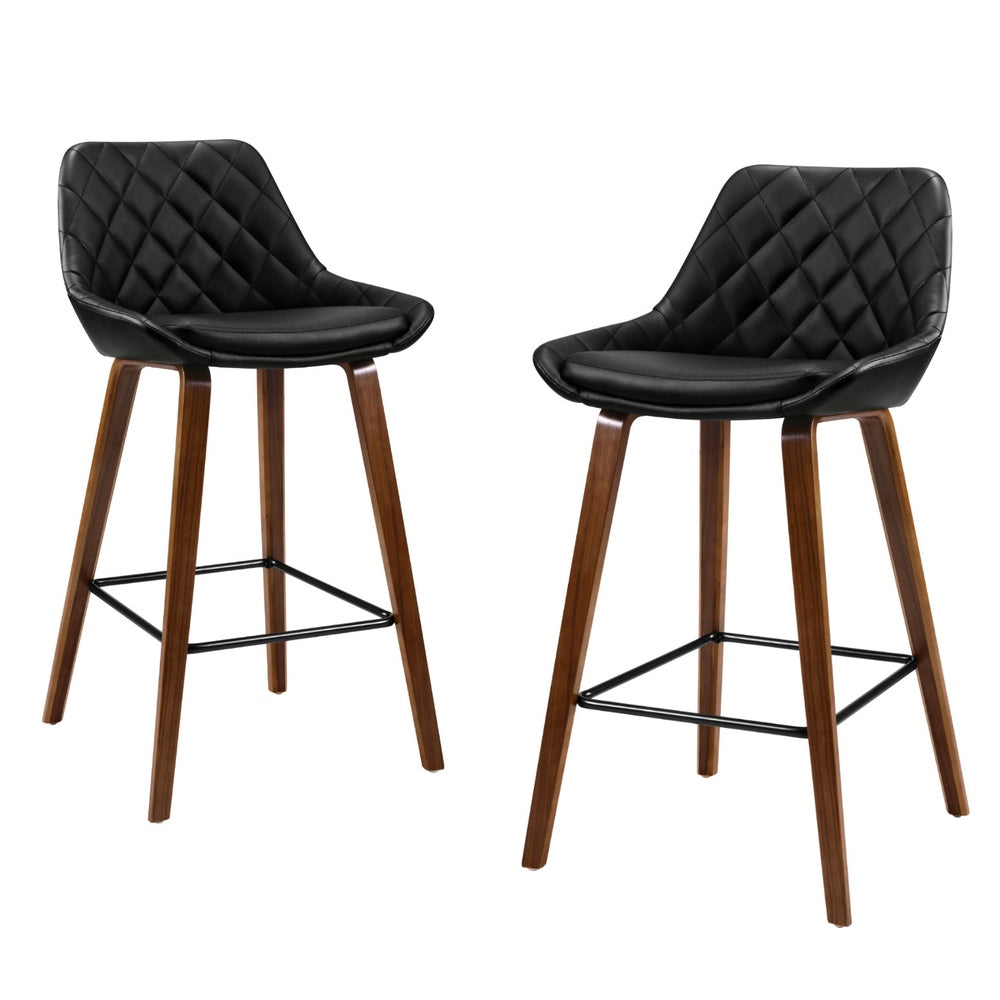 Set of 4 Sebastian Bar Stools Bentwood PU Leather Diamond Pleat - Black