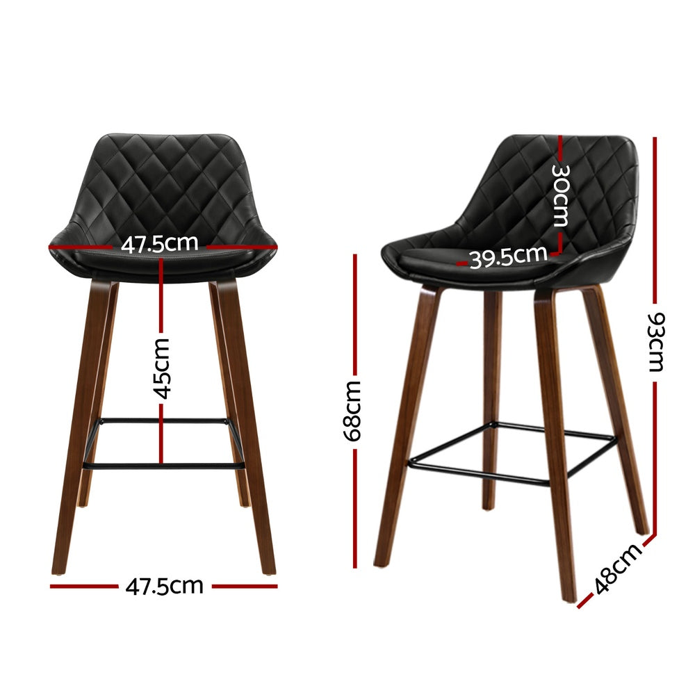 Set of 4 Sebastian Bar Stools Bentwood PU Leather Diamond Pleat - Black