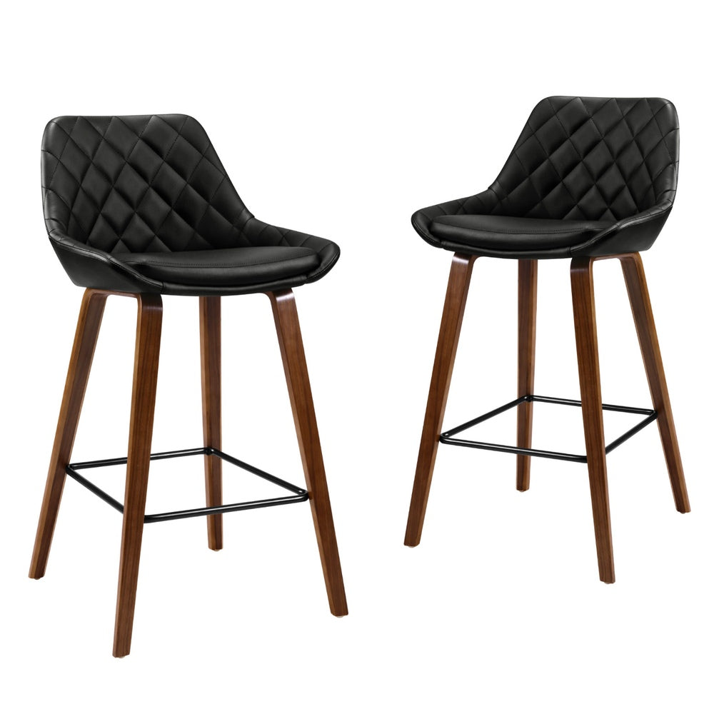 Set of 4 Sebastian Bar Stools Bentwood PU Leather Diamond Pleat - Black