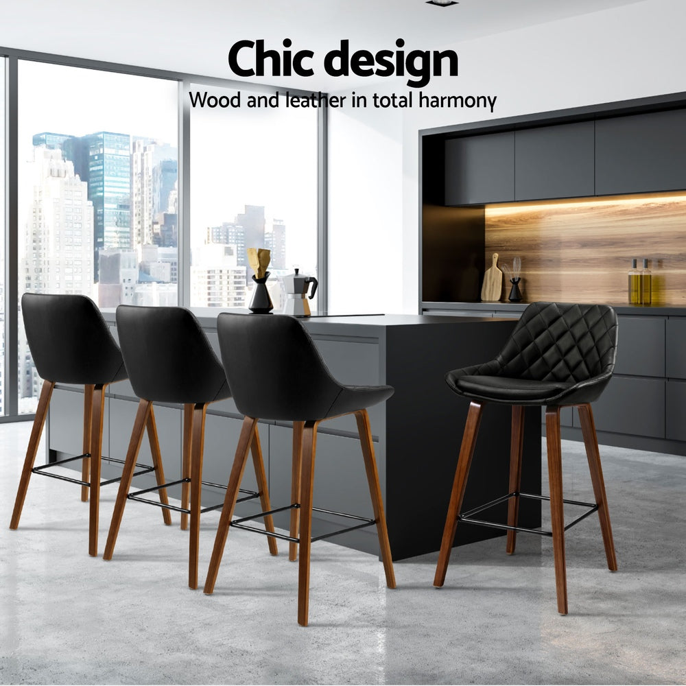 Set of 4 Sebastian Bar Stools Bentwood PU Leather Diamond Pleat - Black