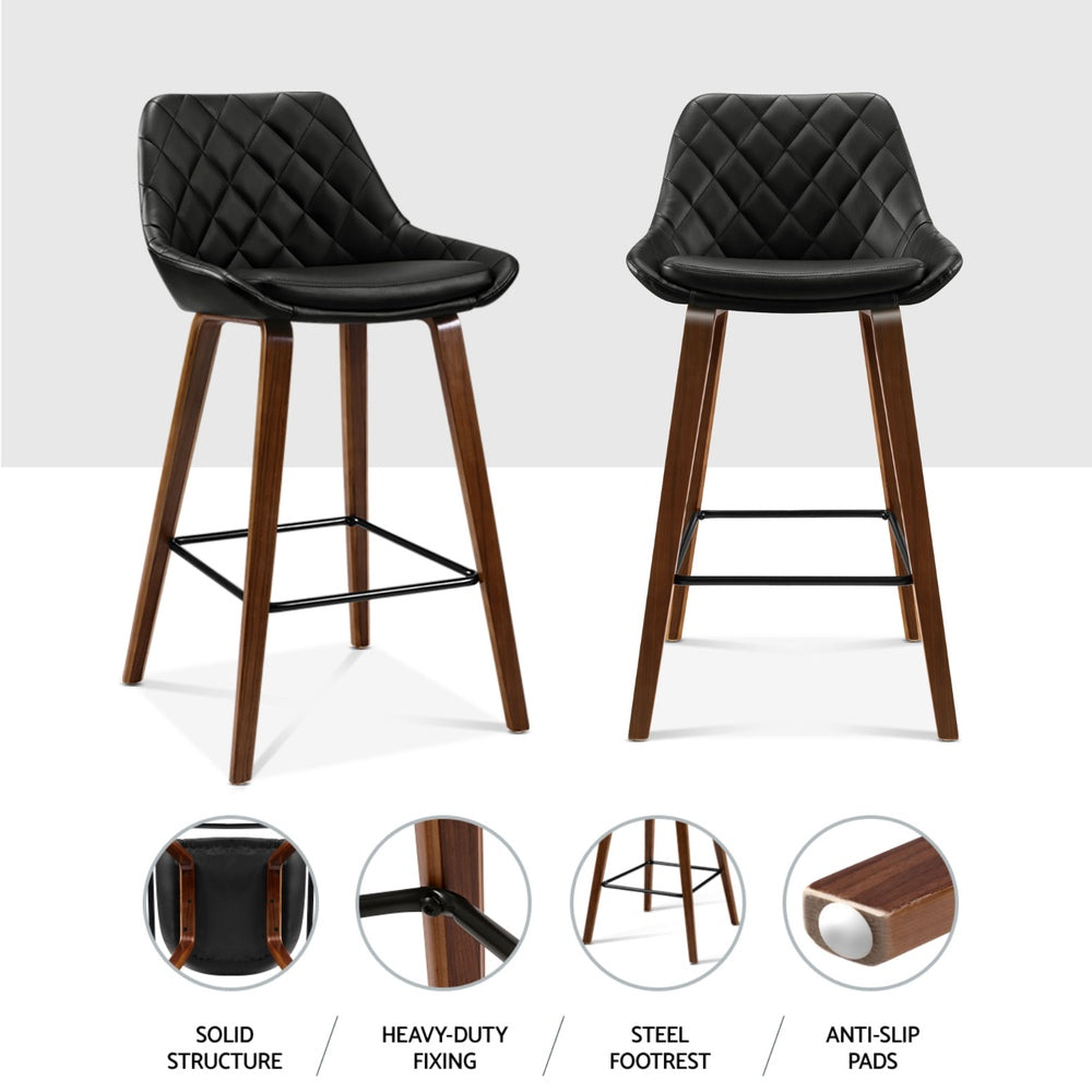 Set of 4 Sebastian Bar Stools Bentwood PU Leather Diamond Pleat - Black