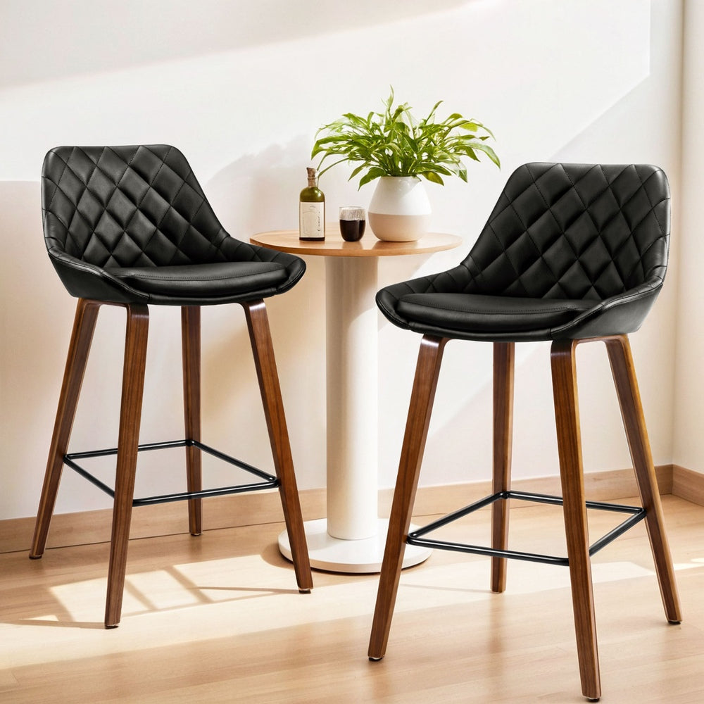 Set of 4 Sebastian Bar Stools Bentwood PU Leather Diamond Pleat - Black