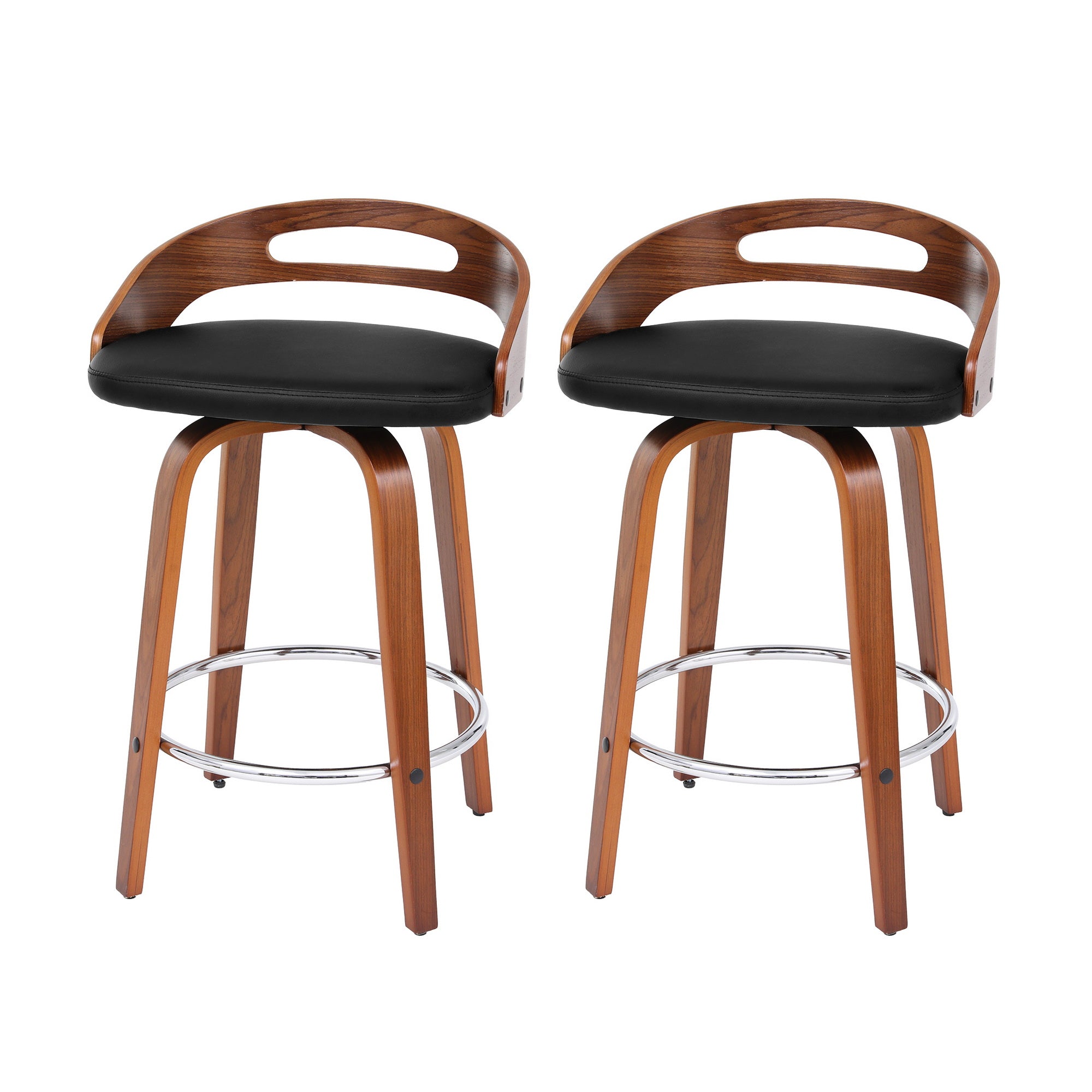 Set of 2 Swivel Low Back Bar Stools with PU Cushion - Black