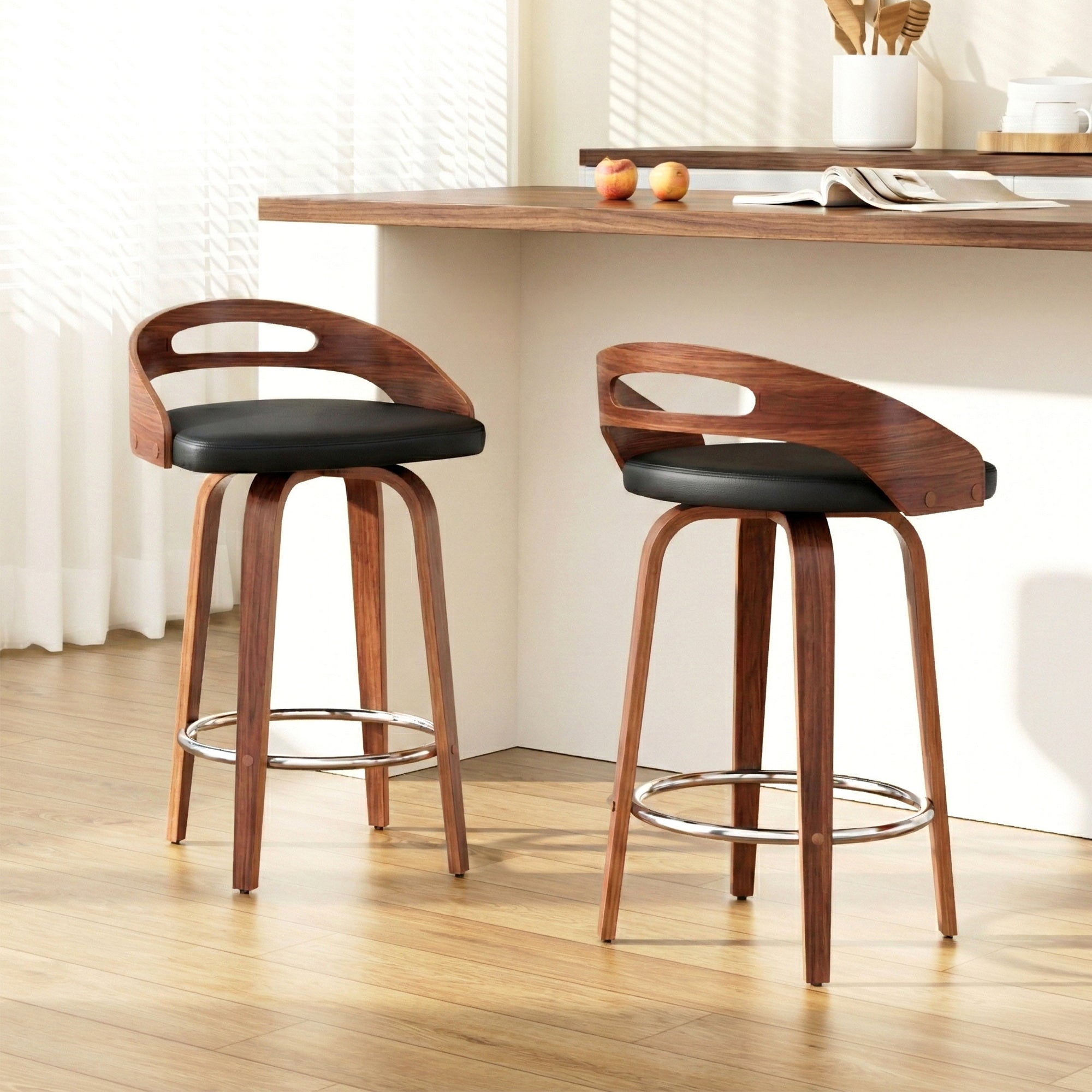 Set of 2 Swivel Low Back Bar Stools with PU Cushion - Black