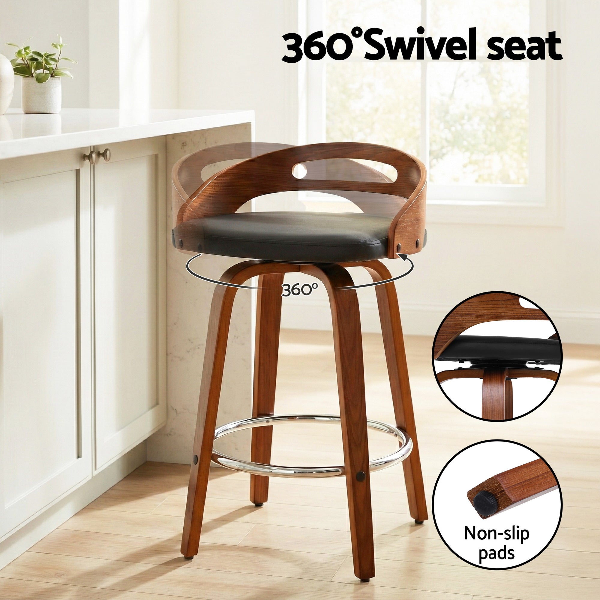 Set of 4 Swivel Bar Stools Low Back PU Cushion Counter Chairs - Black