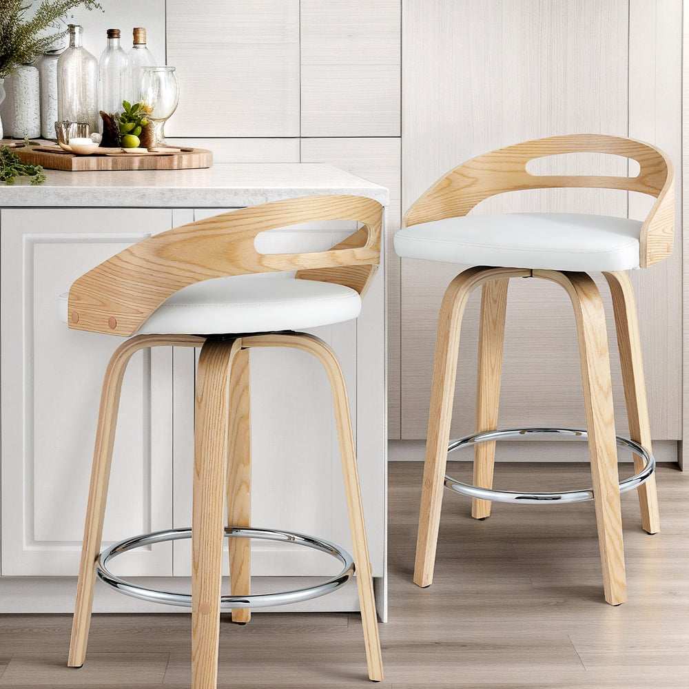 Set of 2 Contoured Wood Bar Stools - White and Pine