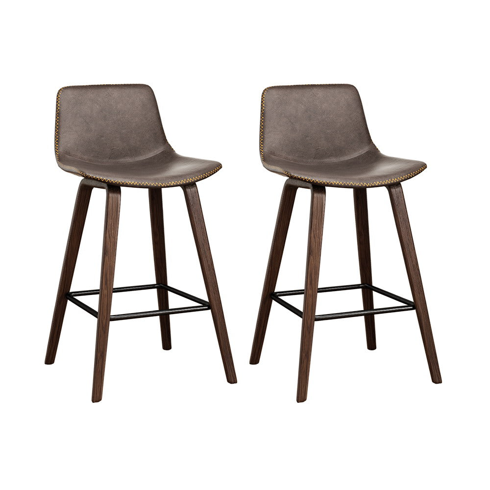 Set of 2 Bentwood PU Leather Bar Stools Square Footrest - Wood and Brown