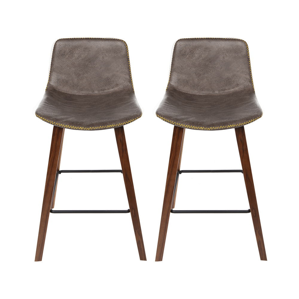 Set of 2 Bentwood PU Leather Bar Stools Square Footrest - Wood and Brown