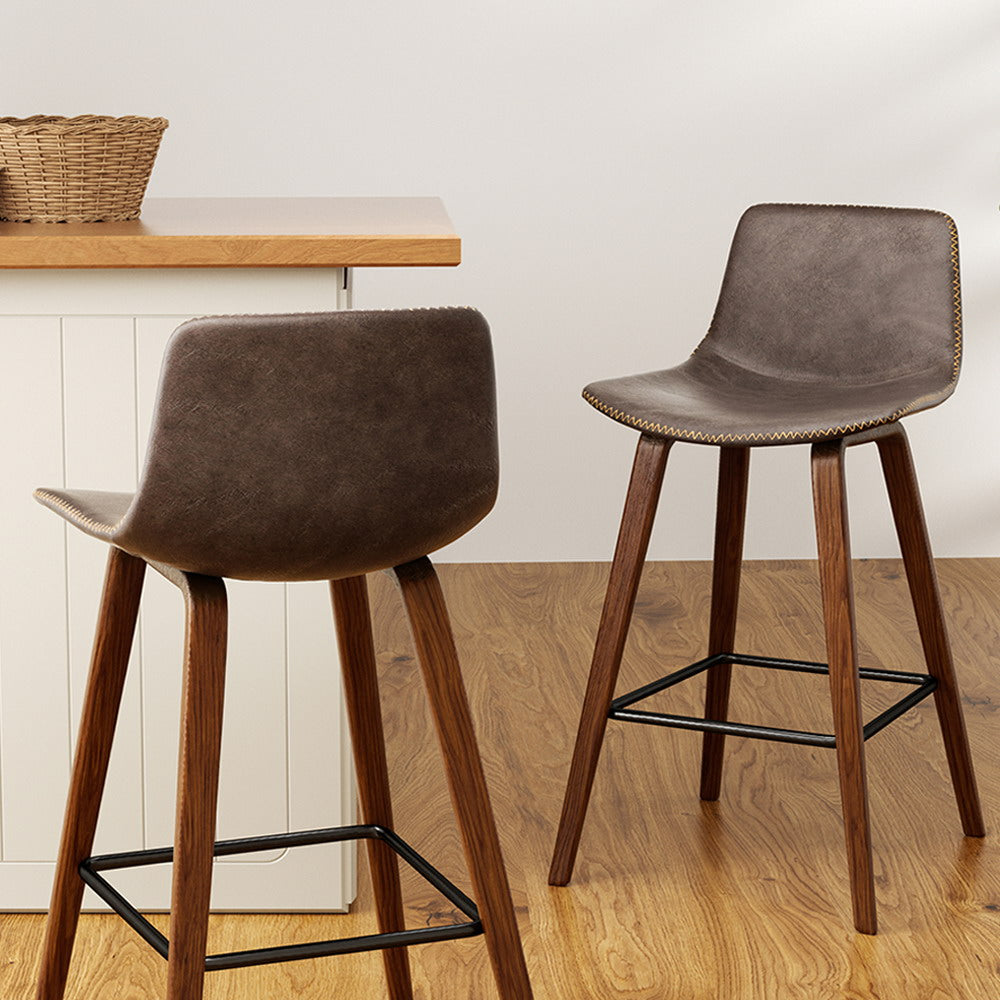 Set of 2 Bentwood PU Leather Bar Stools Square Footrest - Wood and Brown