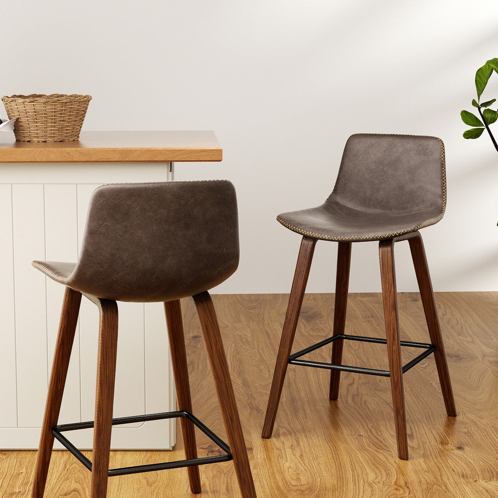 Set of 4 Bentwood PU Leather Bar Stools Square Footrest - Wood and Brown