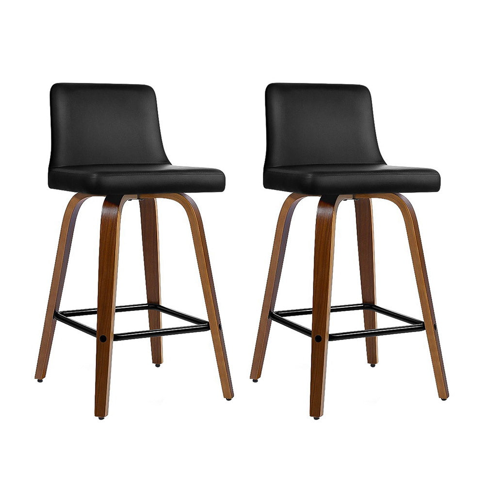 Set of 2 Wooden PU Leather Bar Stool - Black and Brown Wood Legs