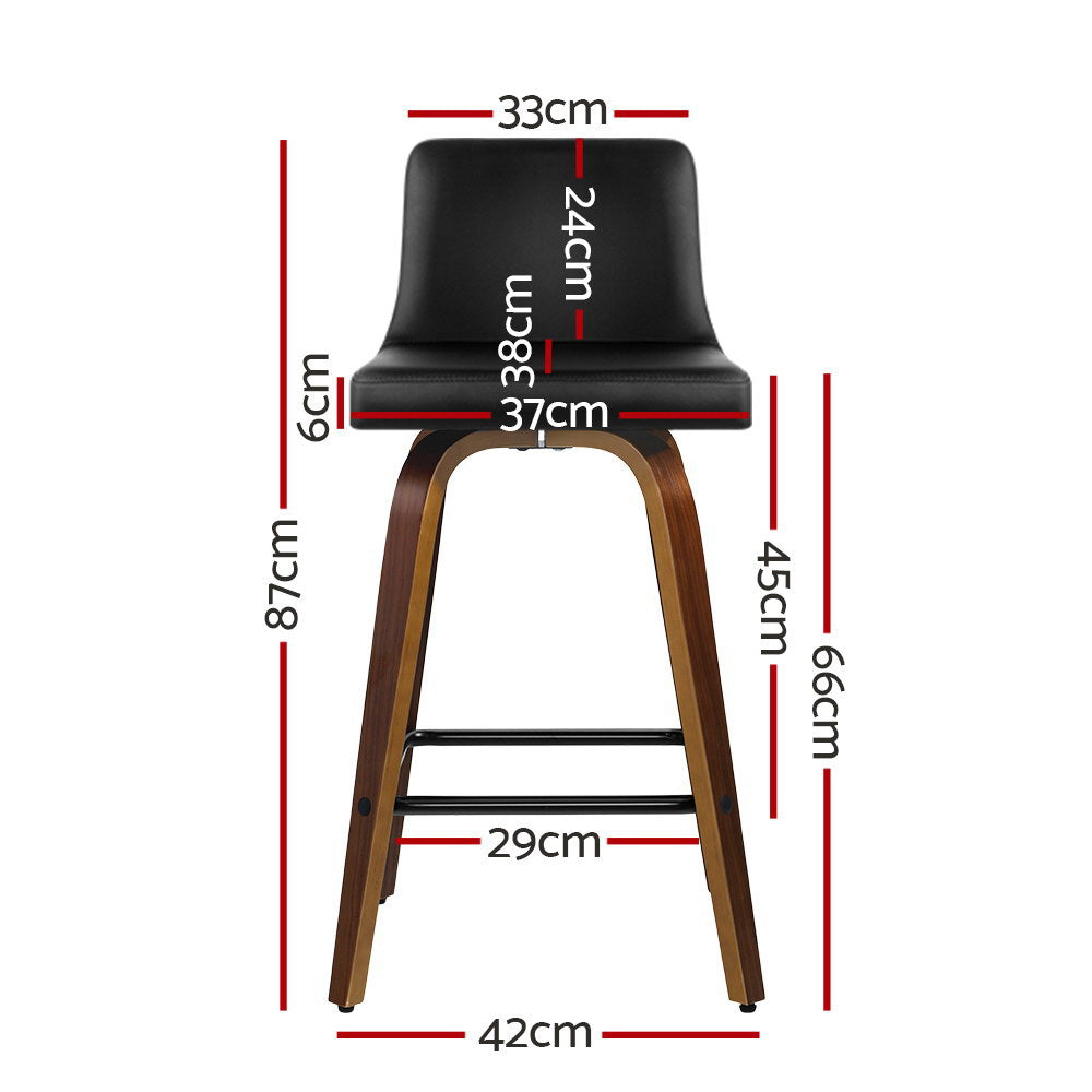 Set of 2 Wooden PU Leather Bar Stool - Black and Brown Wood Legs