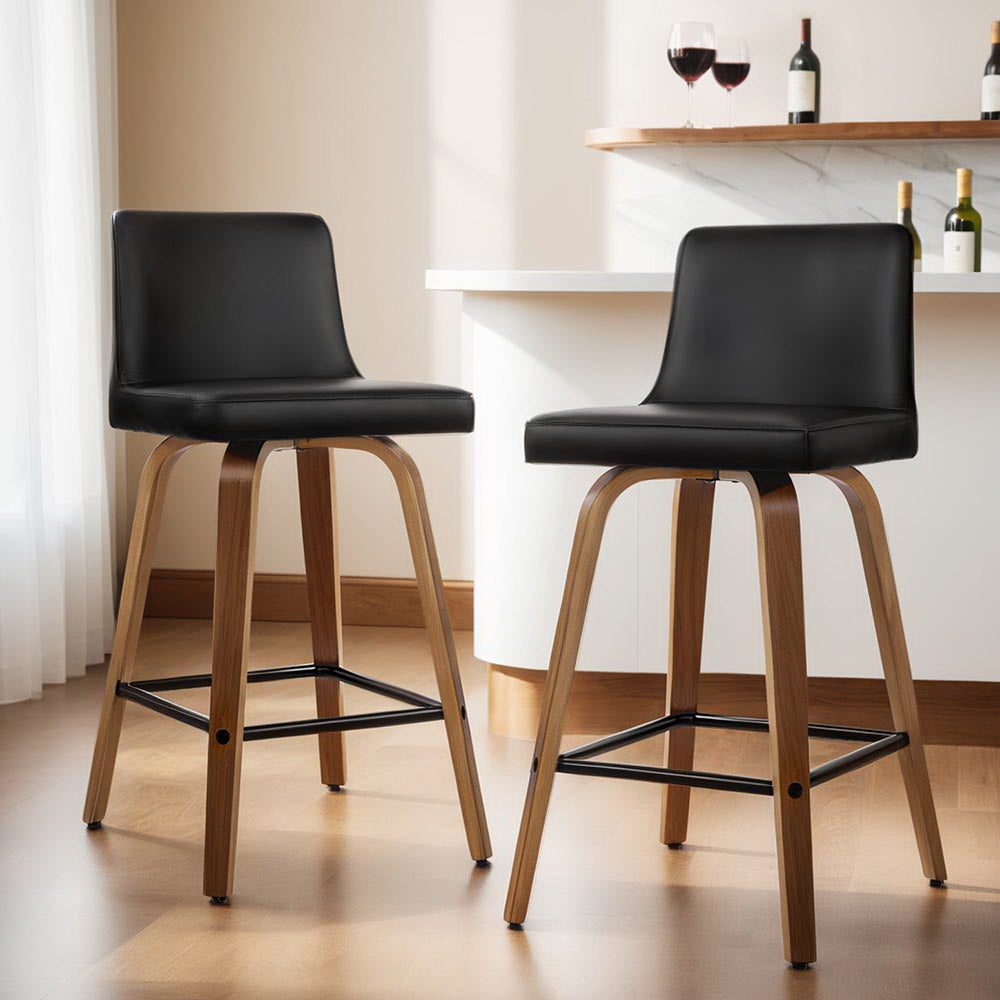 4x Bar Stools Swivel Leather Padded Wooden