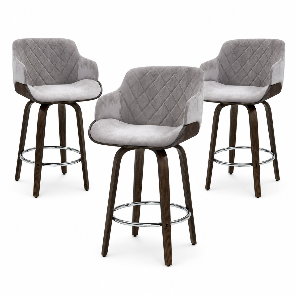 Set of 3 Wooden Kitchen Bar Stools with Swivel Velvet Seat - Grey