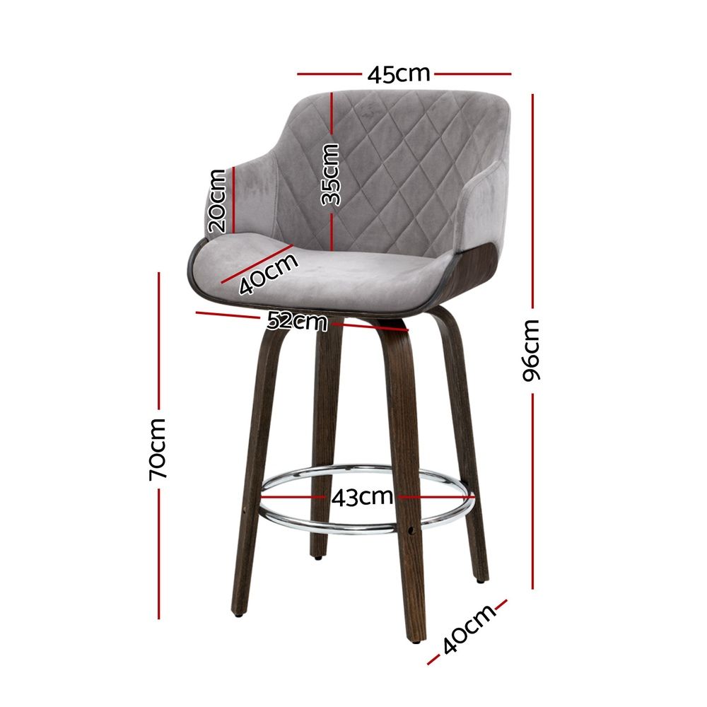 Set of 3 Wooden Kitchen Bar Stools with Swivel Velvet Seat - Grey