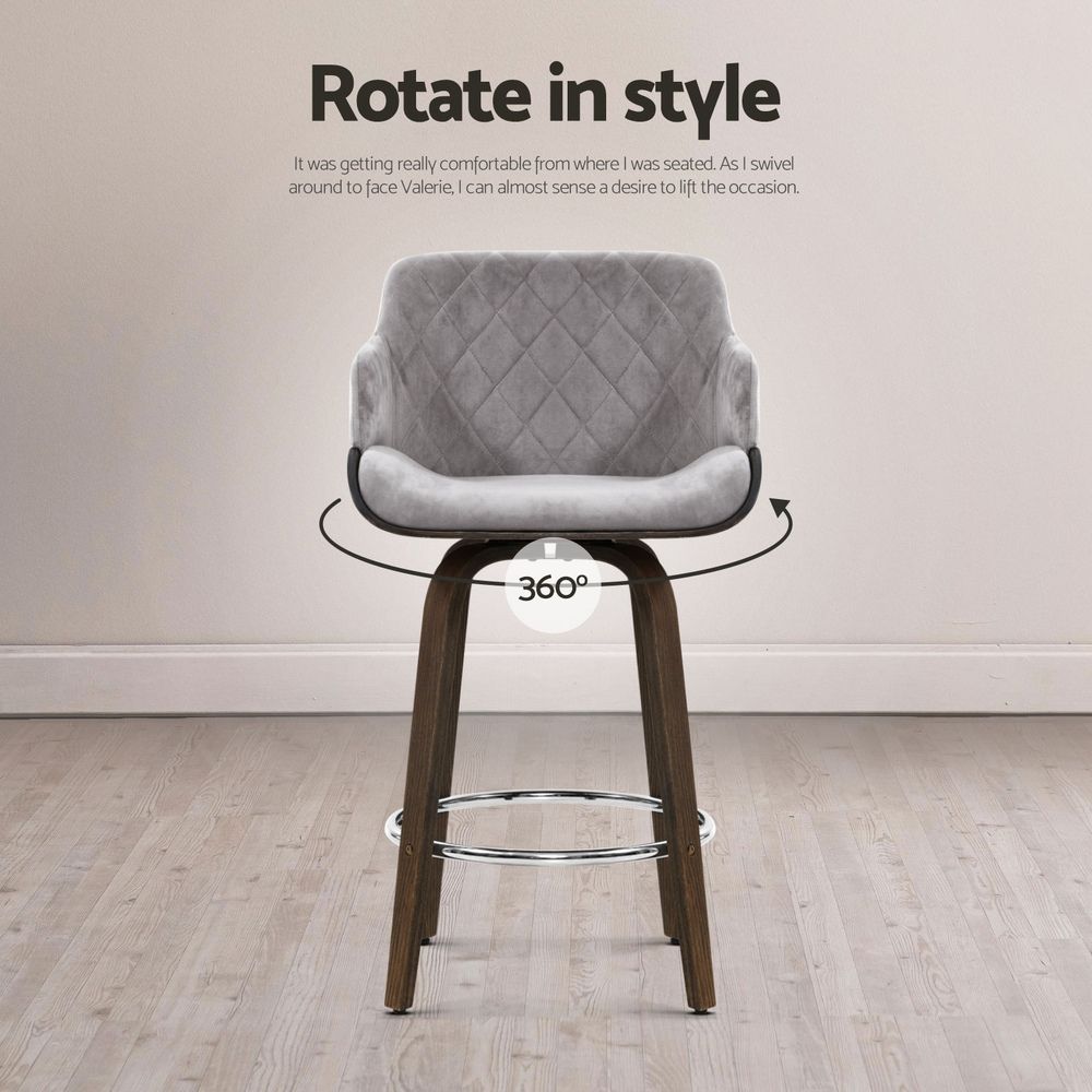 Set of 3 Wooden Kitchen Bar Stools with Swivel Velvet Seat - Grey
