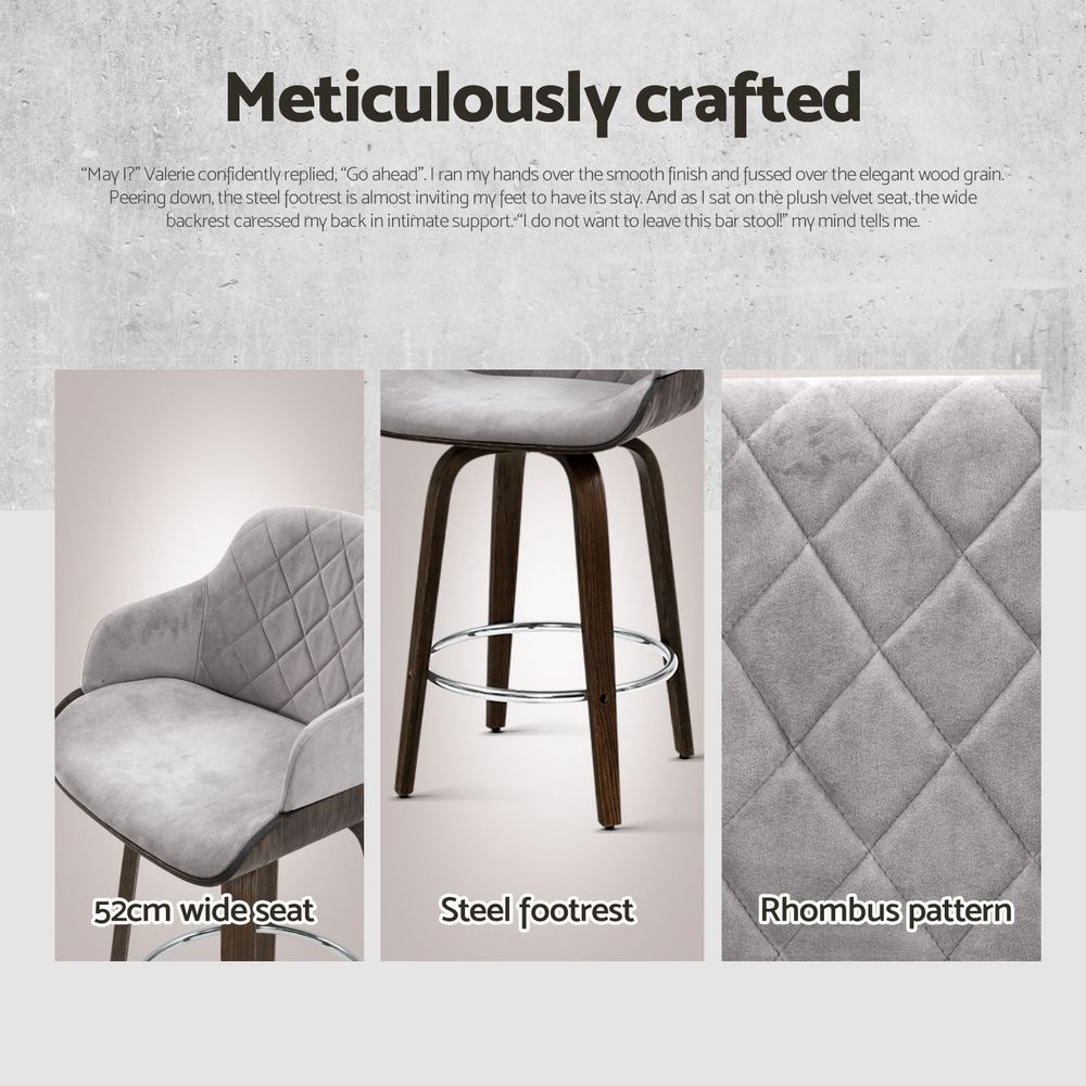 Set of 3 Wooden Kitchen Bar Stools with Swivel Velvet Seat - Grey