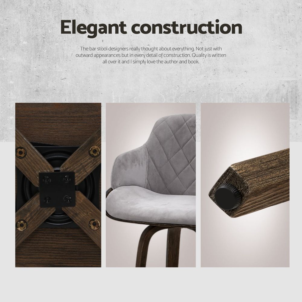 Set of 3 Wooden Kitchen Bar Stools with Swivel Velvet Seat - Grey