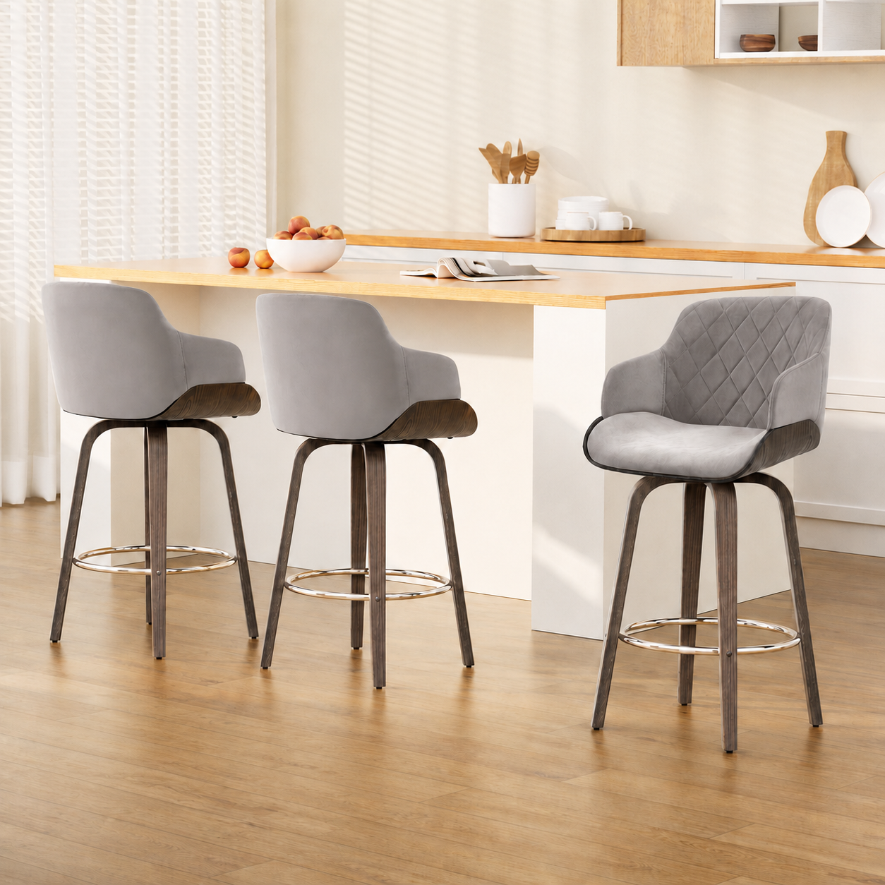 Set of 3 Wooden Kitchen Bar Stools with Swivel Velvet Seat - Grey