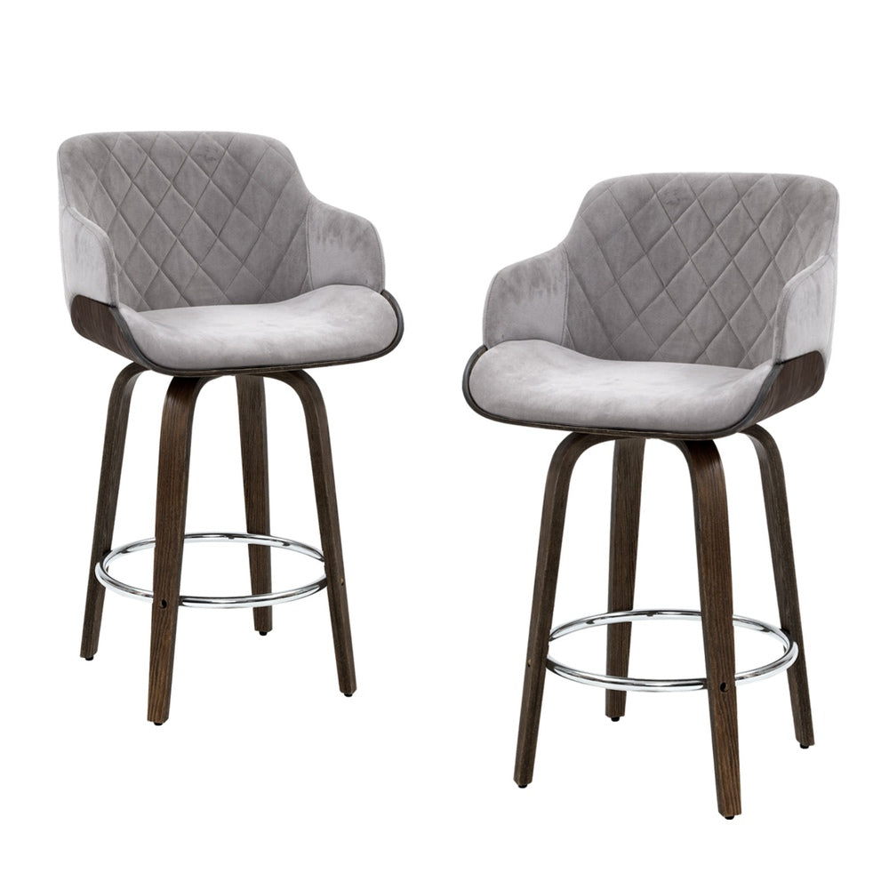 Set of 4 Evonne Wooden Swivel Bar Stools Grey Velvet