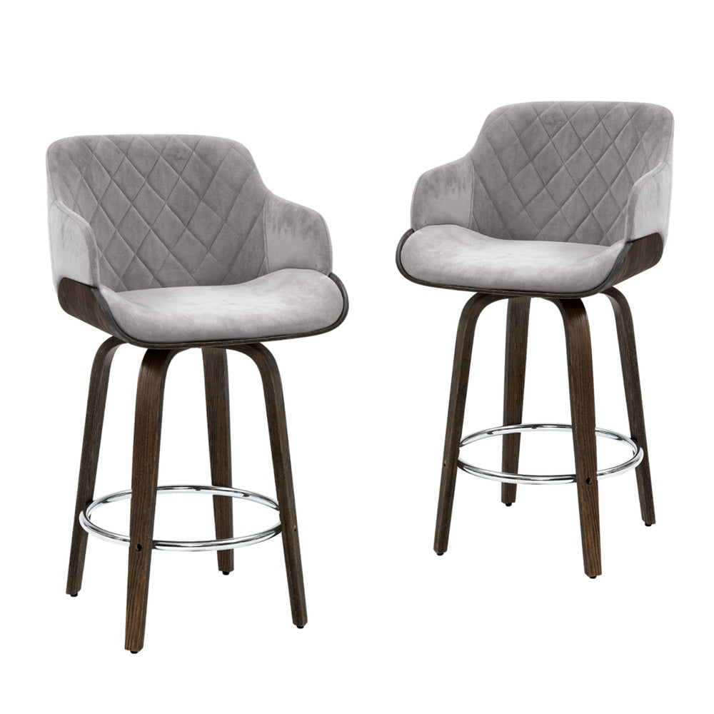 Set of 4 Evonne Wooden Swivel Bar Stools Grey Velvet