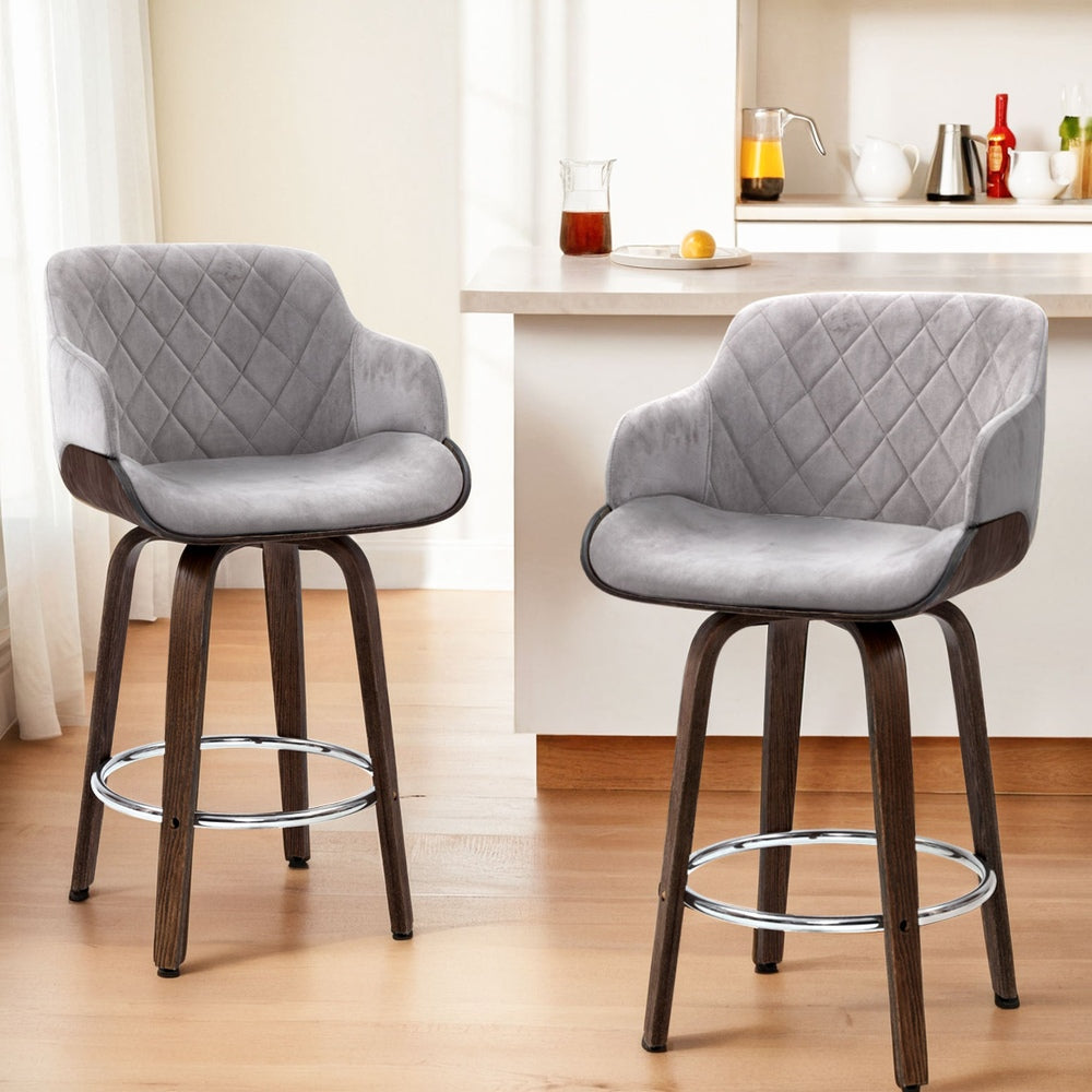 Set of 4 Evonne Wooden Swivel Bar Stools Grey Velvet