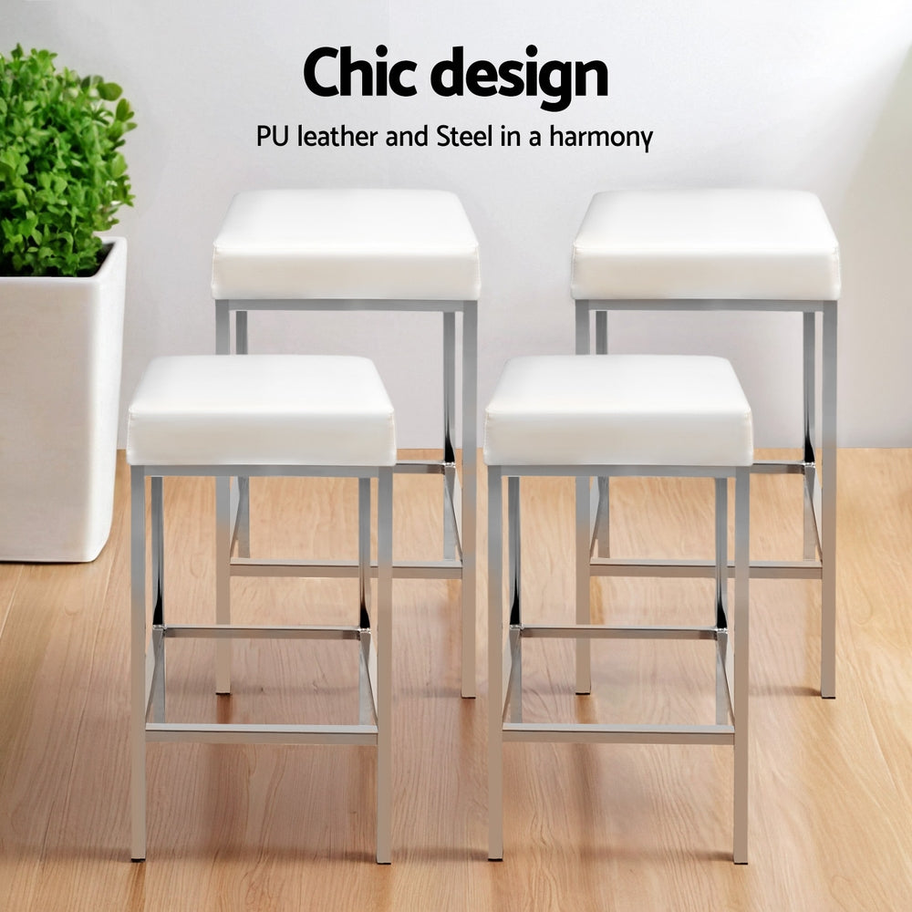 4x Bar Stools Leather Padded Metal White