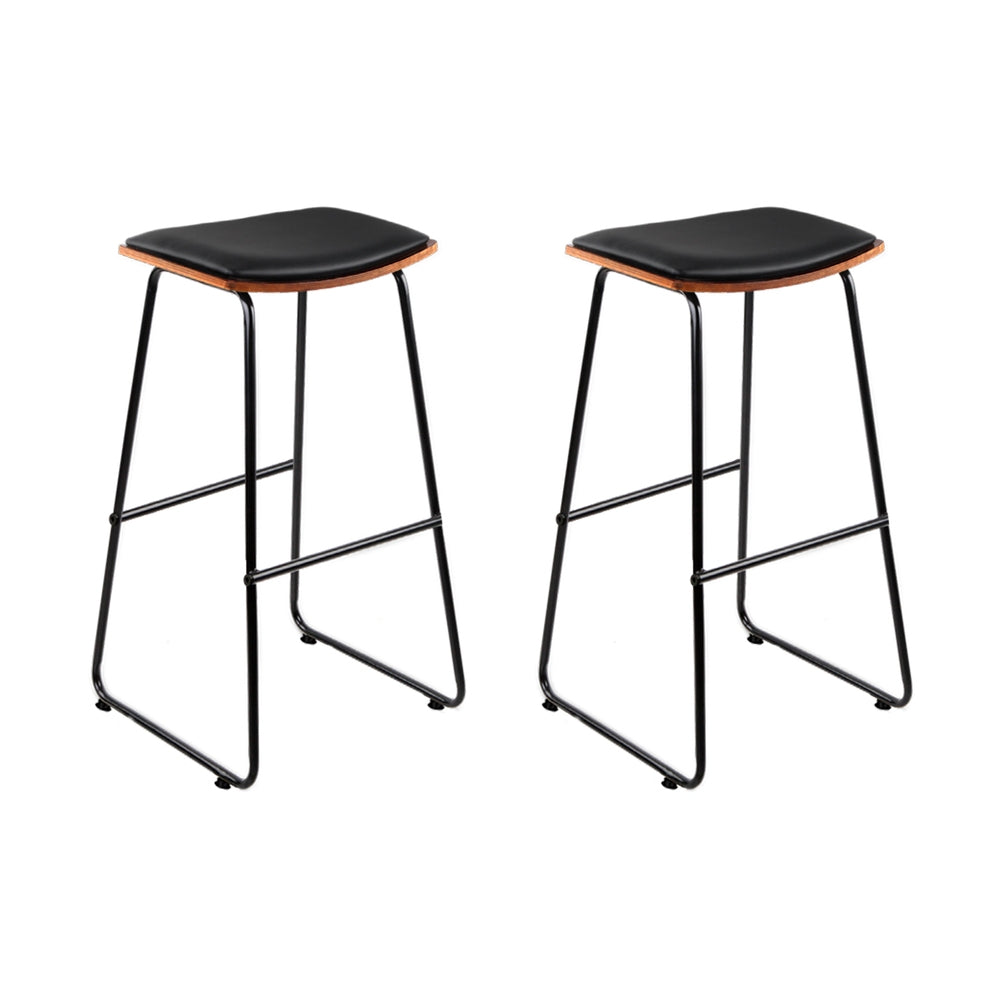 Set of 2 Backless PU Leather Bar Stools - Black and Wood