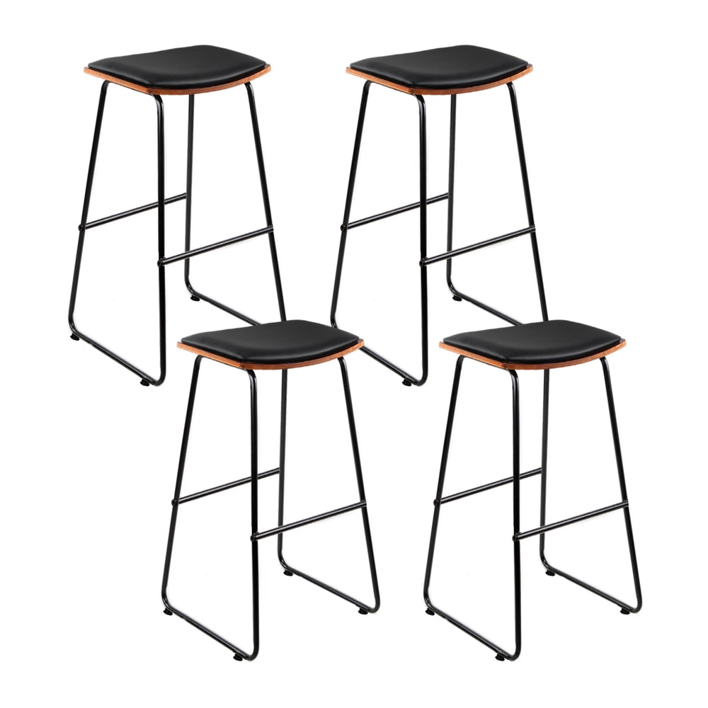 Set of 4 Bar Stools with Leather-Padded Wooden Seat