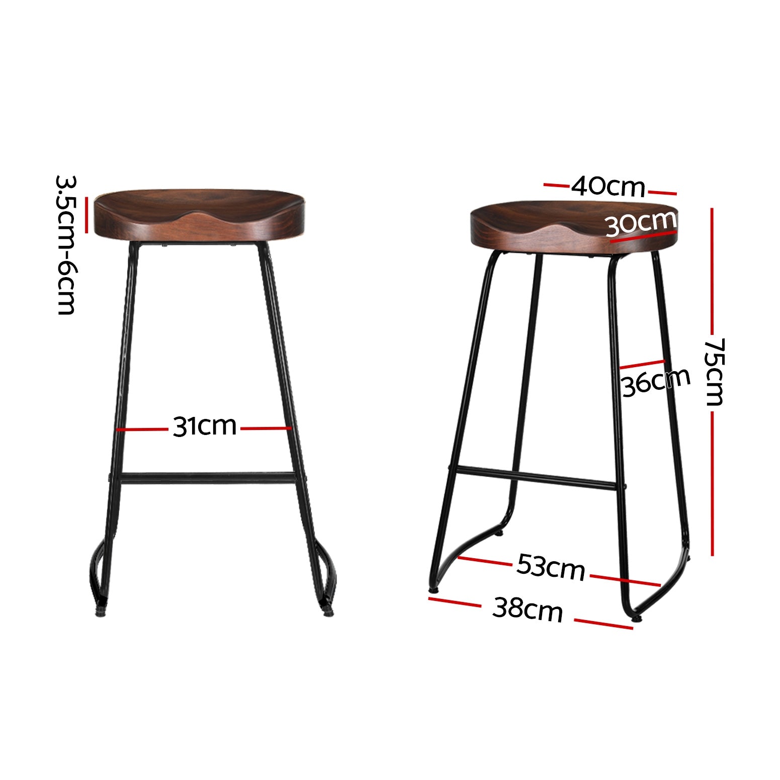 Set of 2 Backless Elm Wood Bar Stools 75cm - Black