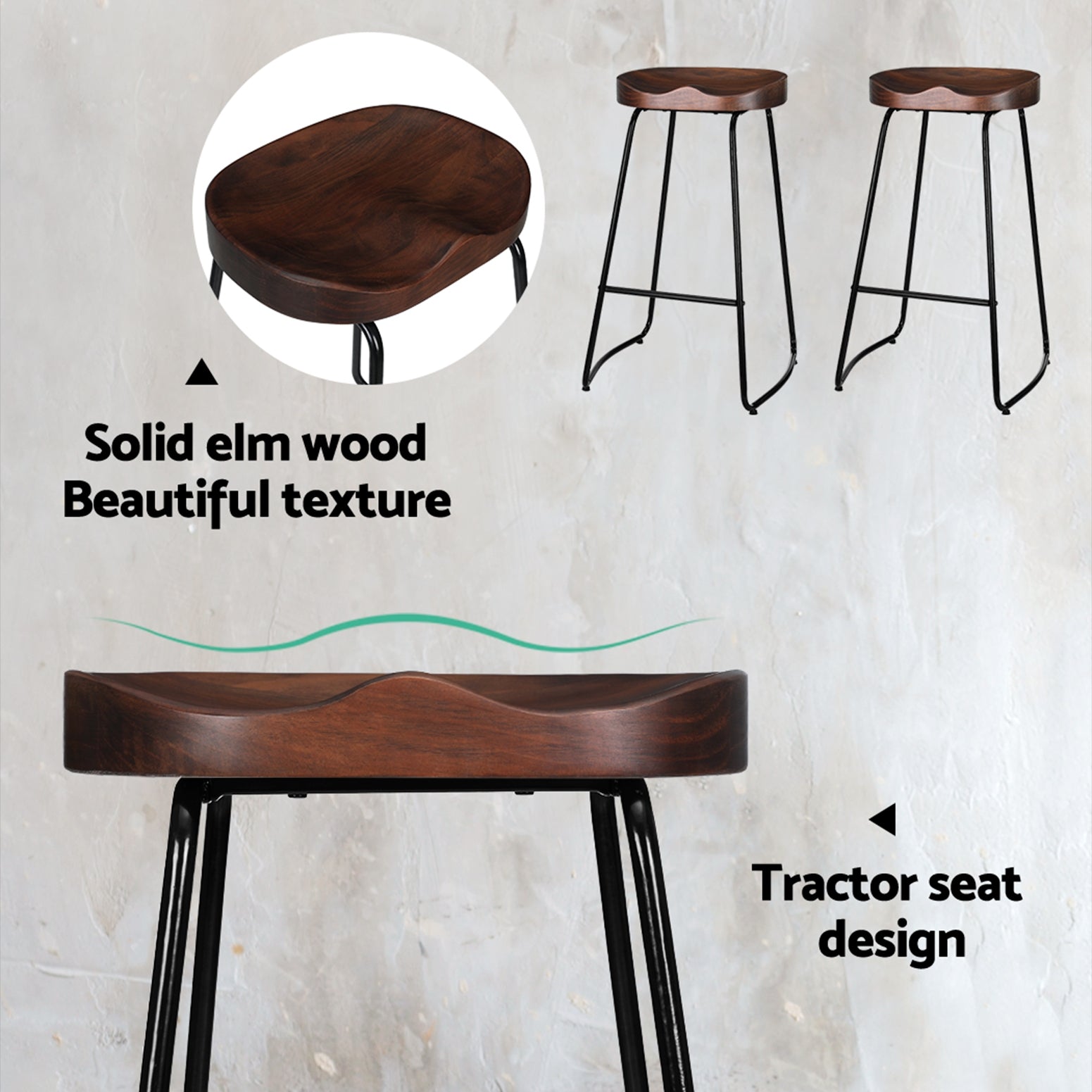 Set of 2 Backless Elm Wood Bar Stools 75cm - Black