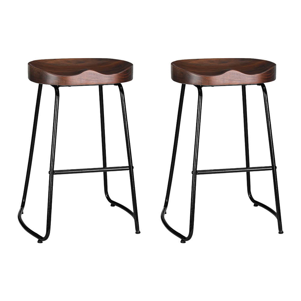 Set of 2 Elm Wood Backless Bar Stools 65cm - Black and Dark Natural