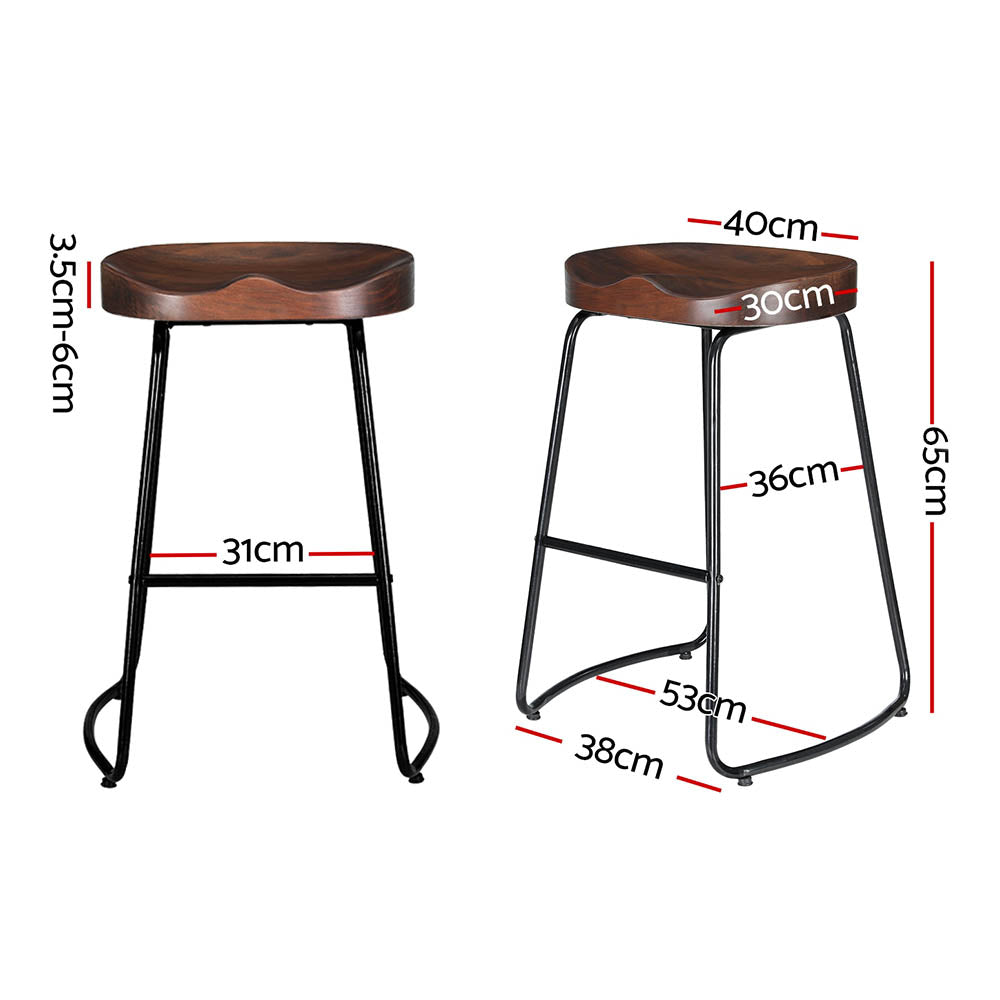 Set of 2 Elm Wood Backless Bar Stools 65cm - Black and Dark Natural