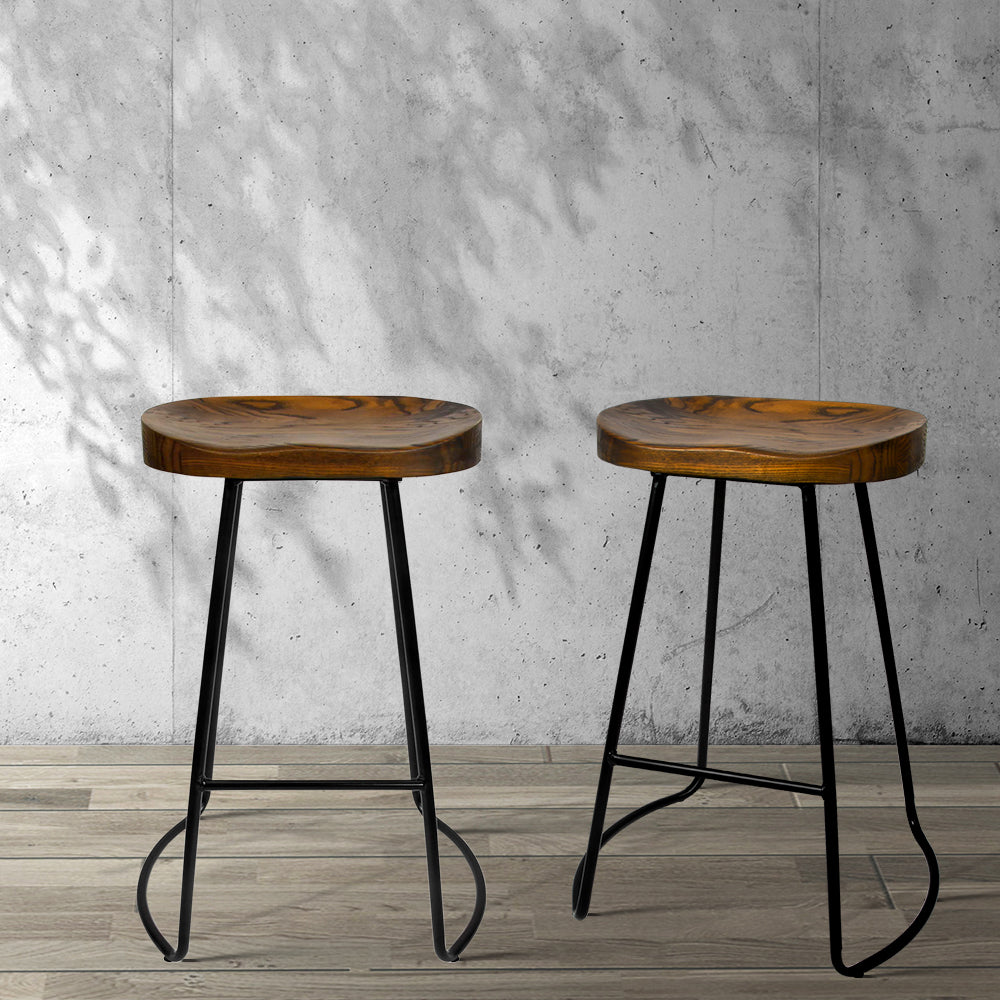 Set of 2 Elm Wood Backless Bar Stools 65cm - Black and Dark Natural