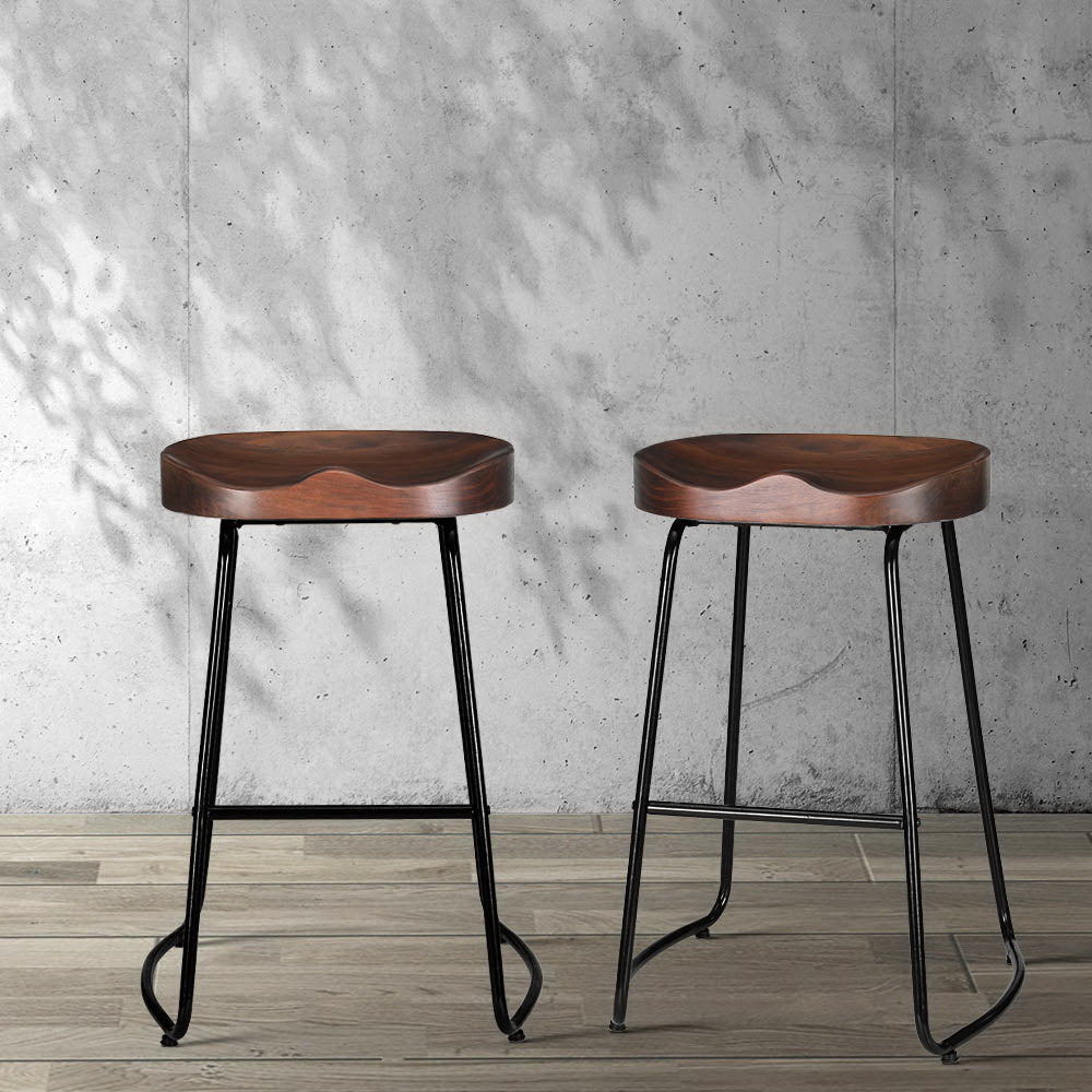 Set of 2 Elm Wood Backless Bar Stools 65cm - Black and Dark Natural