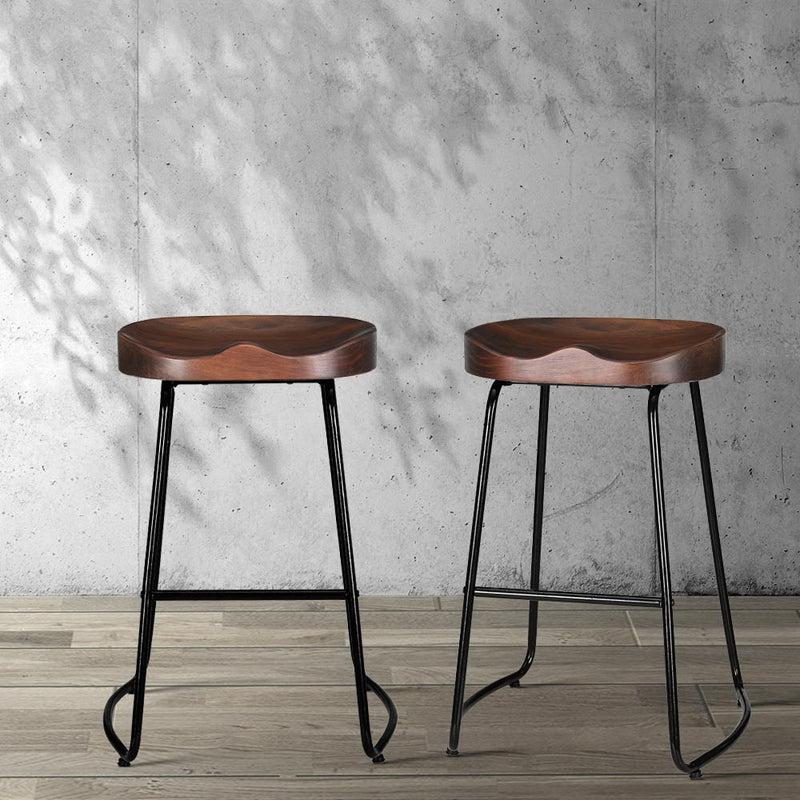 Set of 4 Elm Wood Backless Bar Stools 65cm - Black and Dark Natural