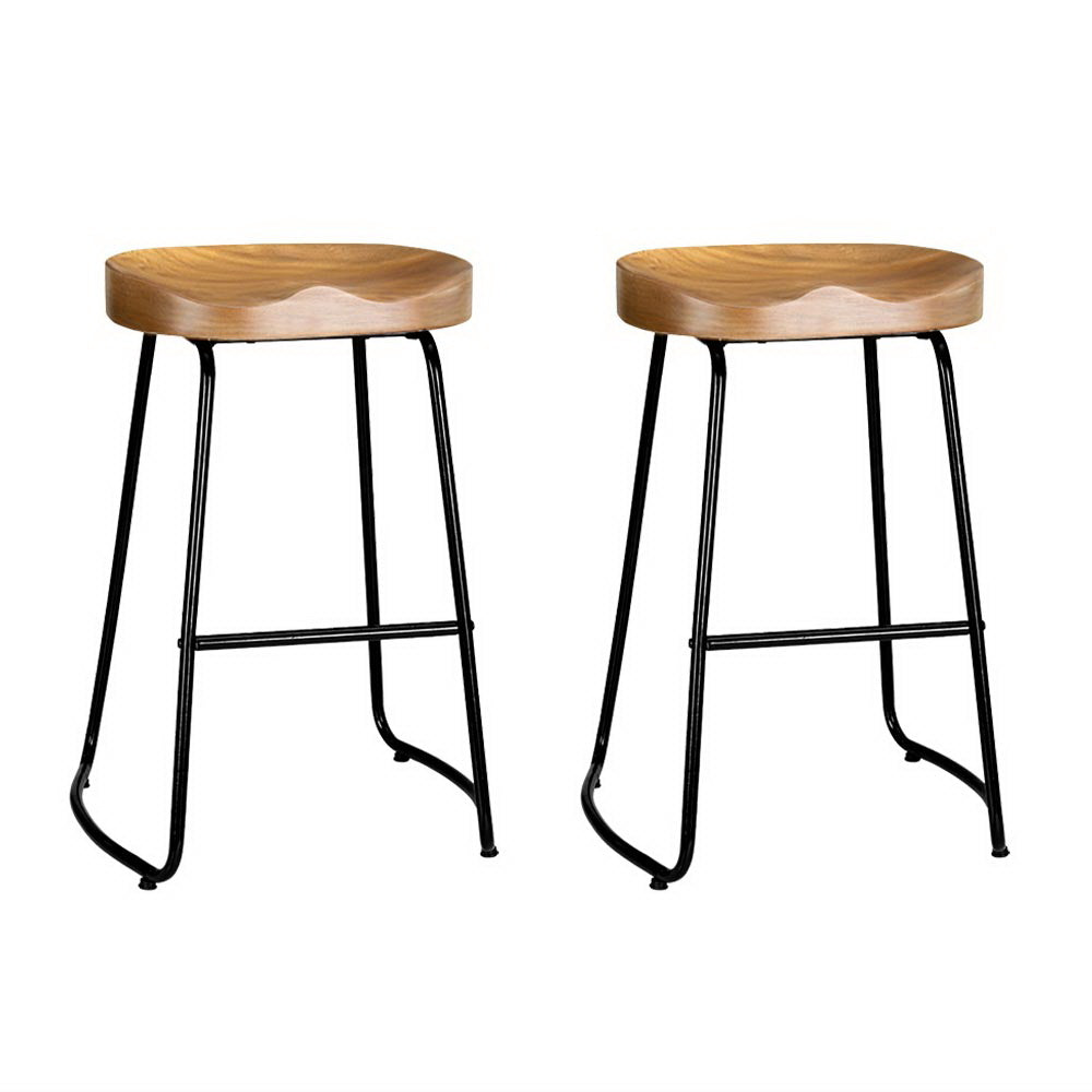 Set of 2 Elm Wood Backless Bar Stools 65cm - Black and Light Natural