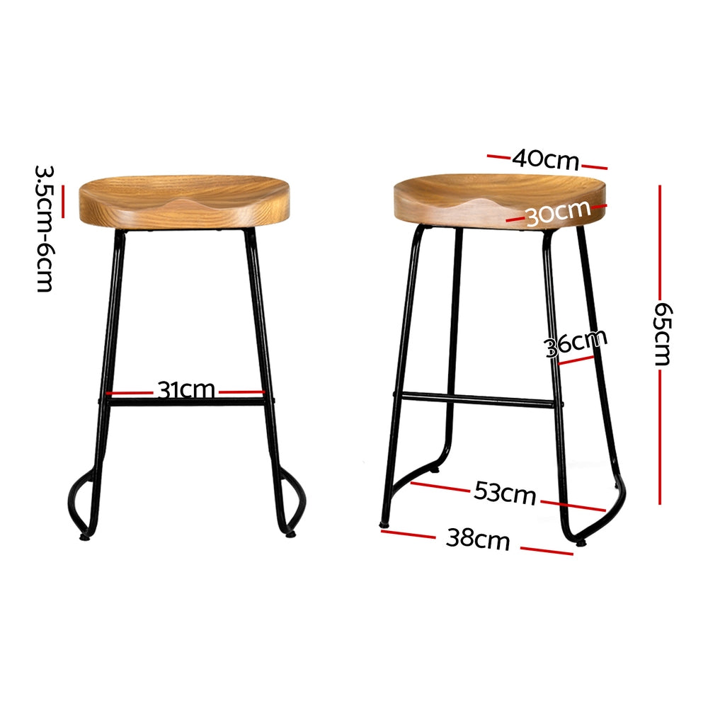 Set of 2 Elm Wood Backless Bar Stools 65cm - Black and Light Natural