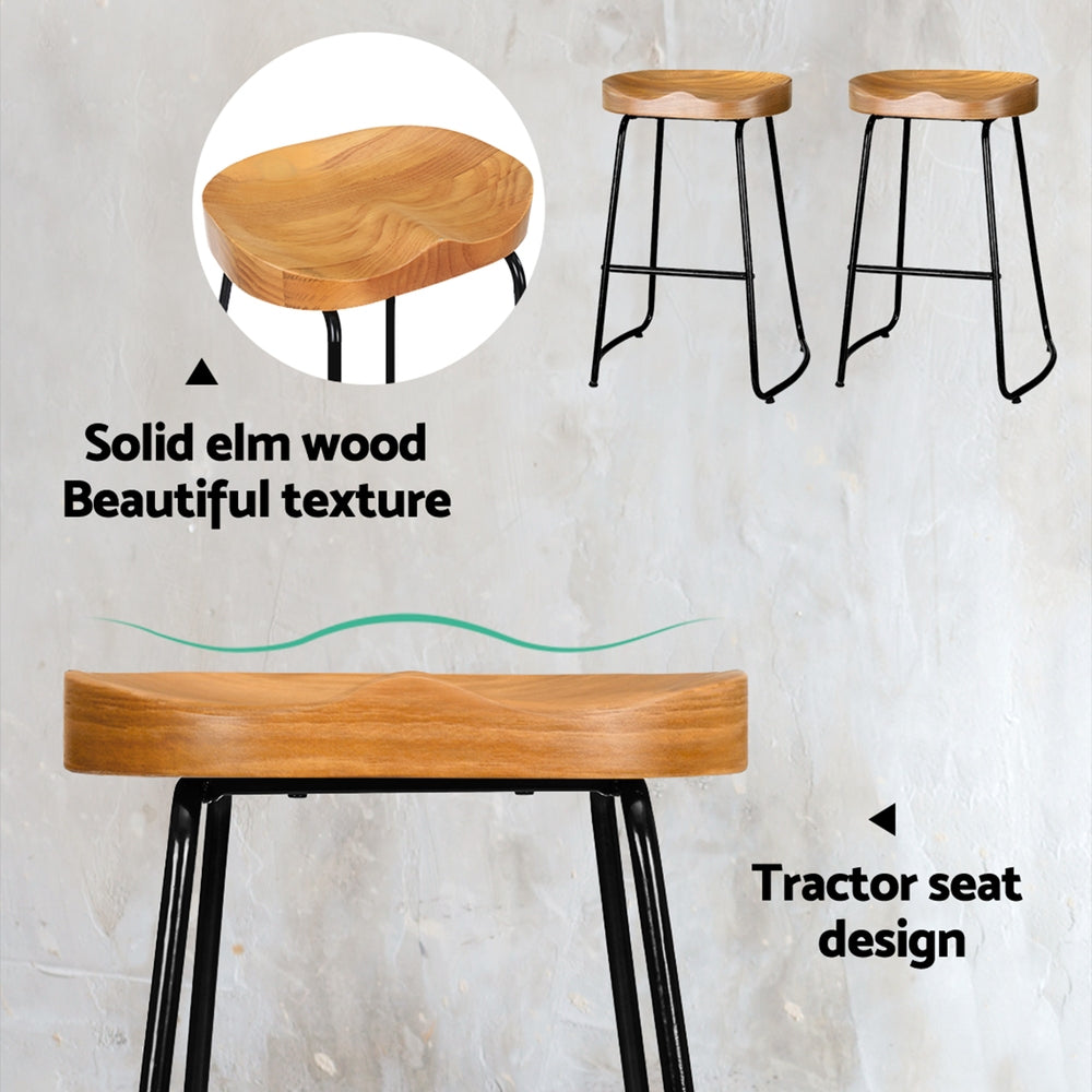 Set of 2 Elm Wood Backless Bar Stools 65cm - Black and Light Natural