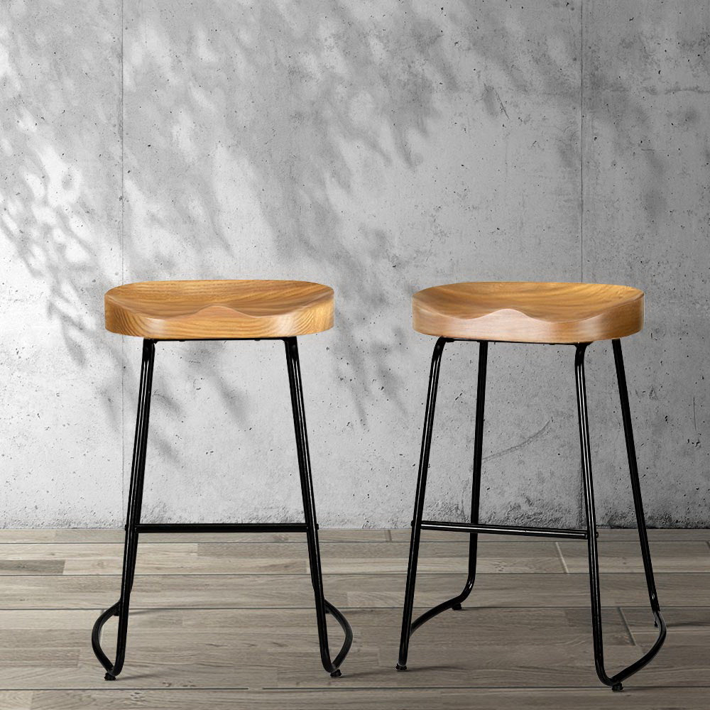 Set of 2 Elm Wood Backless Bar Stools 65cm - Black and Light Natural