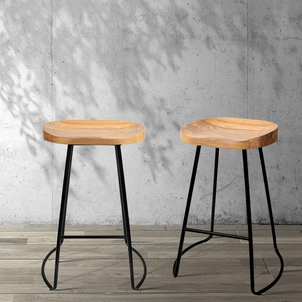 Set of 4 Elm Wood Backless Bar Stools 65cm - Black and Light Natural