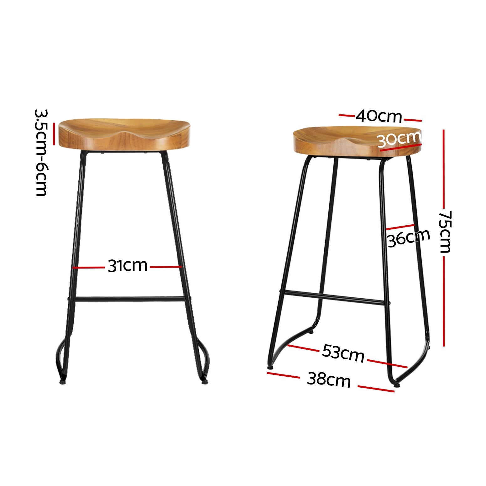 Set of 2 Elm Wood Backless Bar Stools 75cm - Black and Light Natural