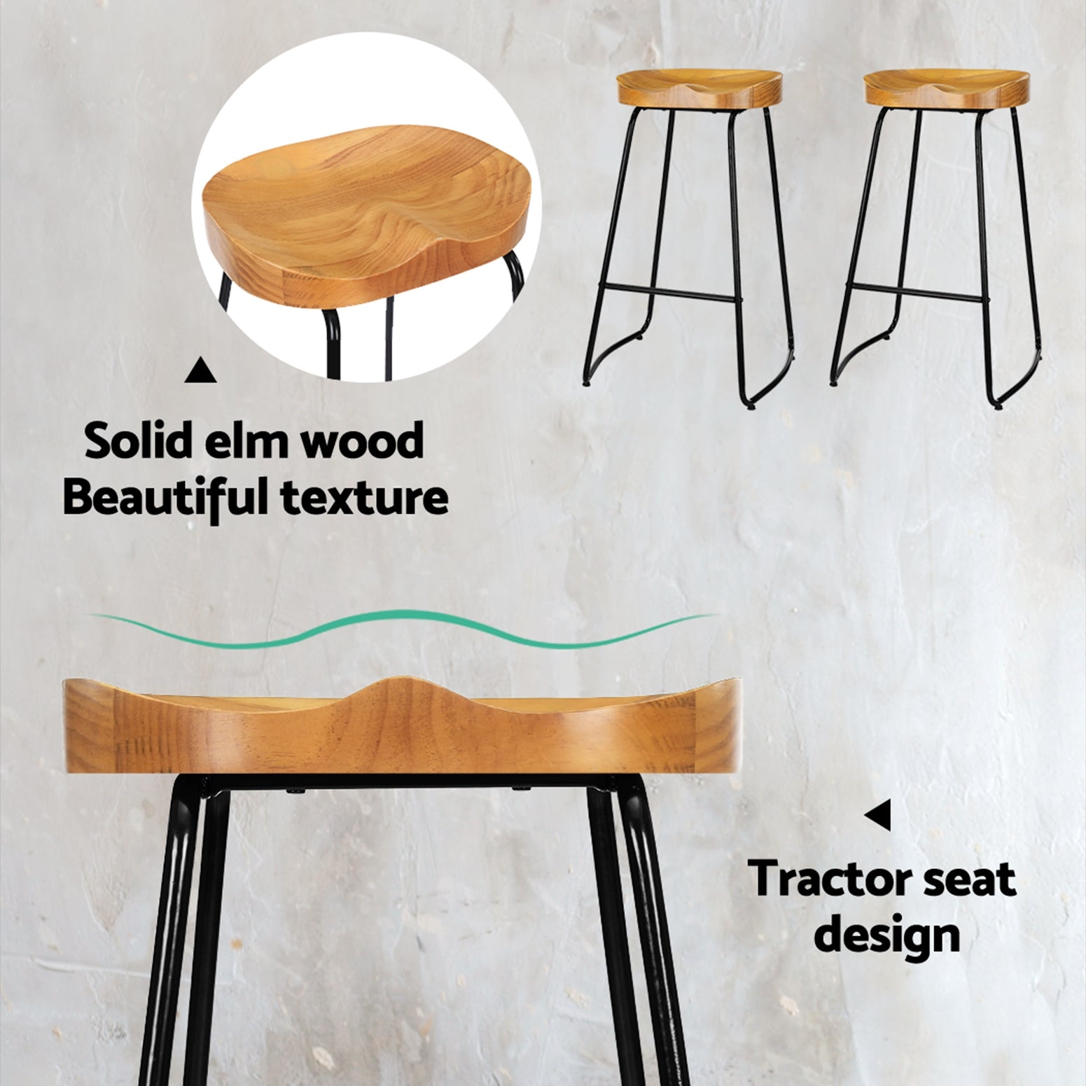 Set of 4 Elm Wood Backless Bar Stools 75cm - Black and Light Natural